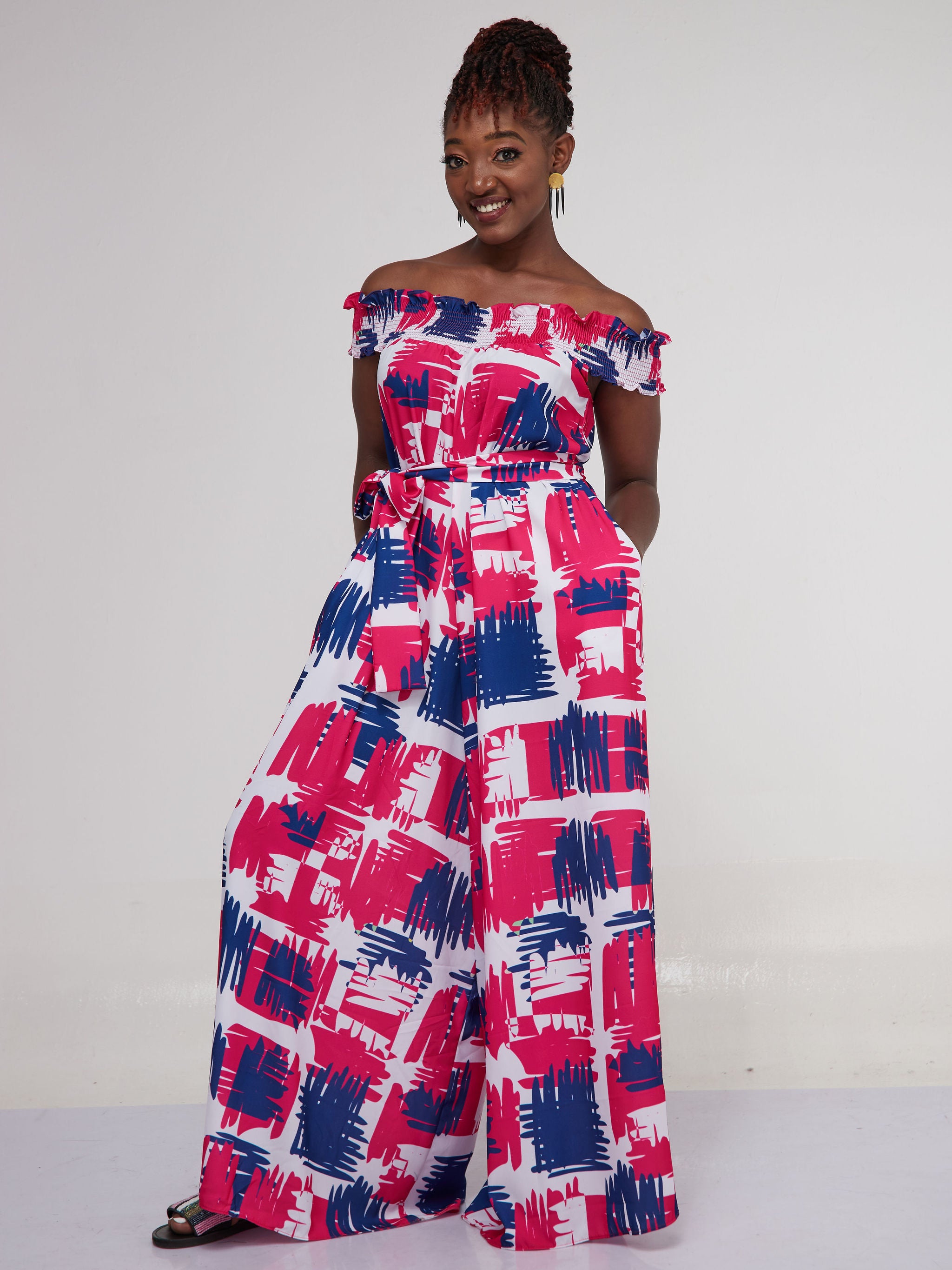 Vivo Alek Shirred Off- Shoulder Jumpsuit - Pink / Navy Blue Print