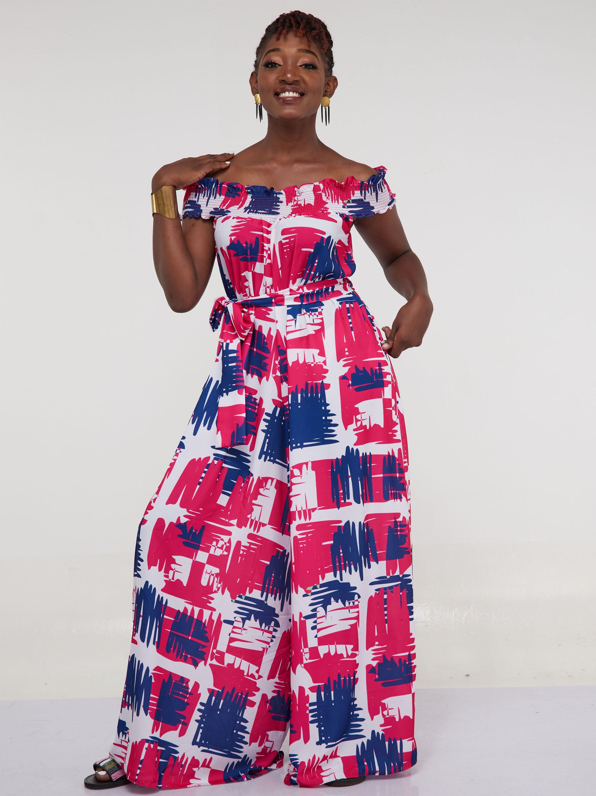 Vivo Alek Shirred Off- Shoulder Jumpsuit - Pink / Navy Blue Print