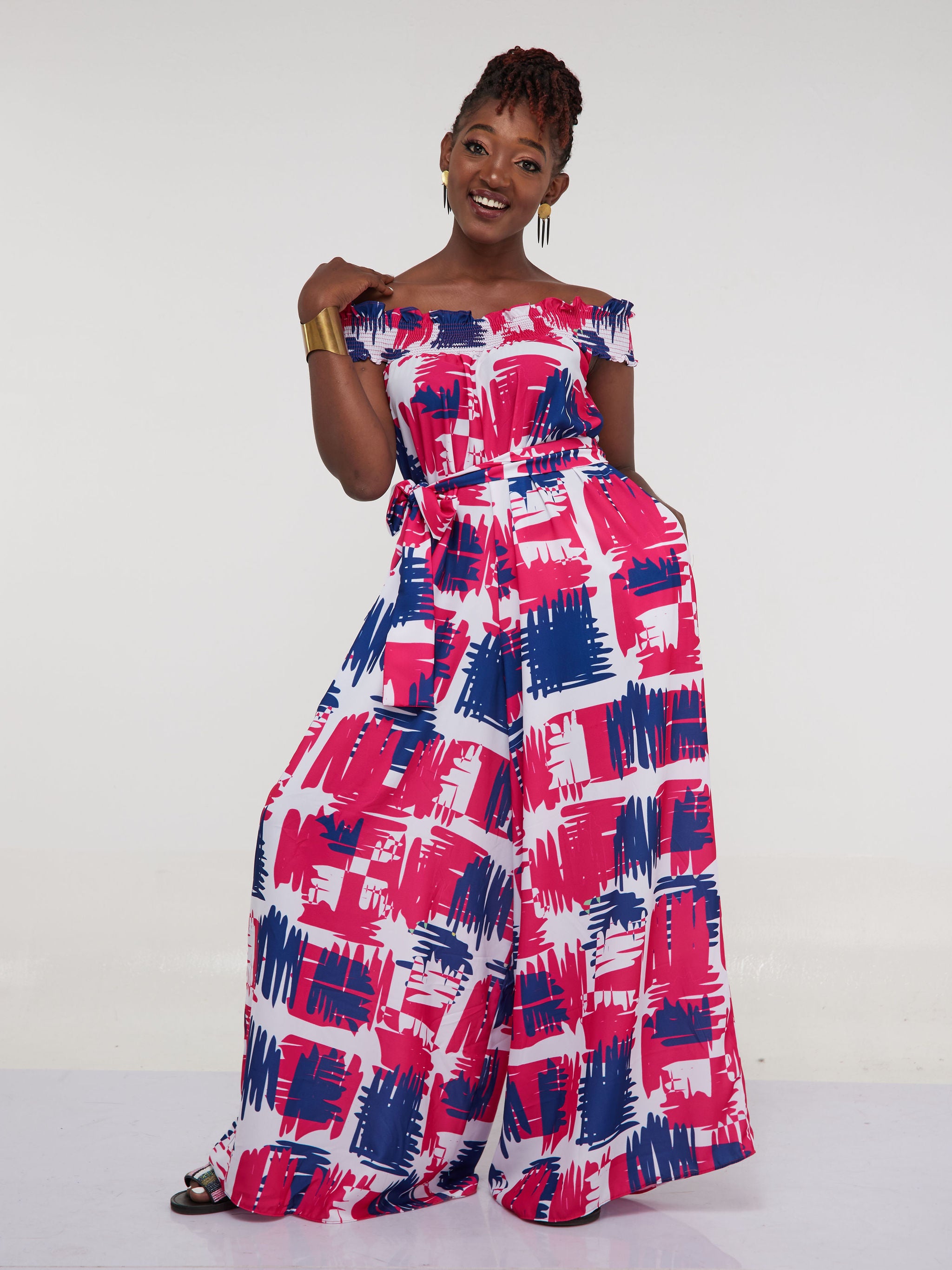 Vivo Alek Shirred Off- Shoulder Jumpsuit - Pink / Navy Blue Print