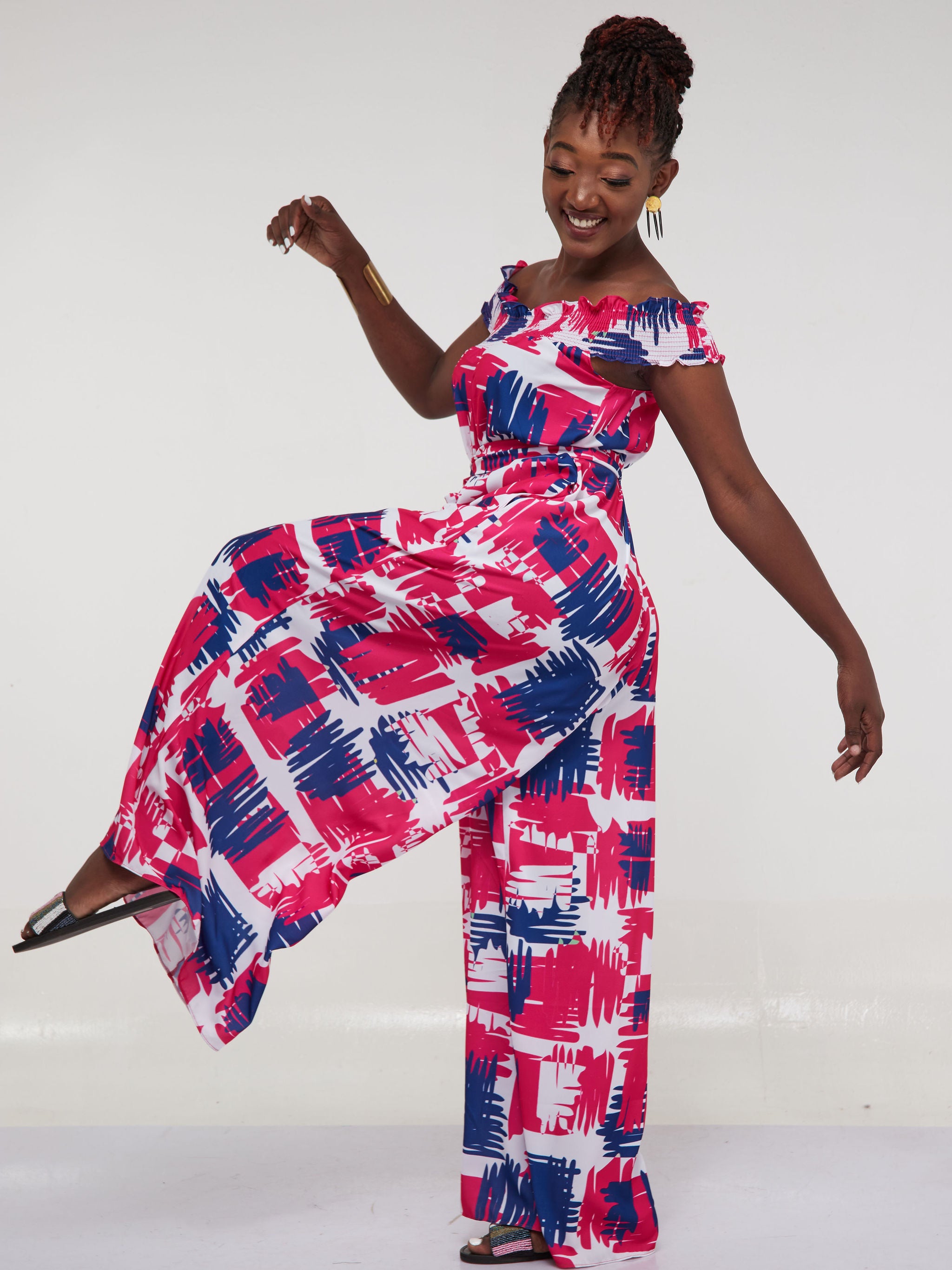 Vivo Alek Shirred Off- Shoulder Jumpsuit - Pink / Navy Blue Print