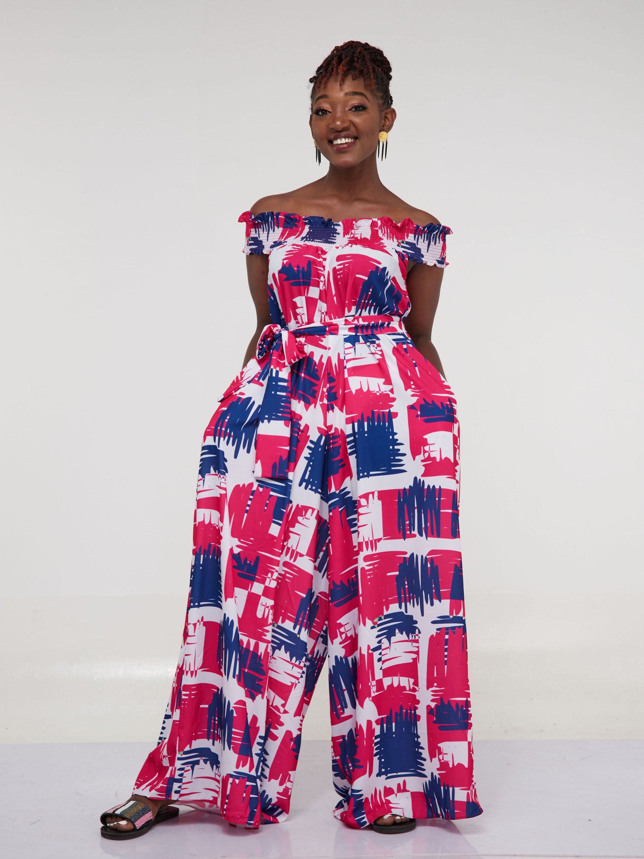 Vivo Alek Shirred Off- Shoulder Jumpsuit - Pink / Navy Blue Print