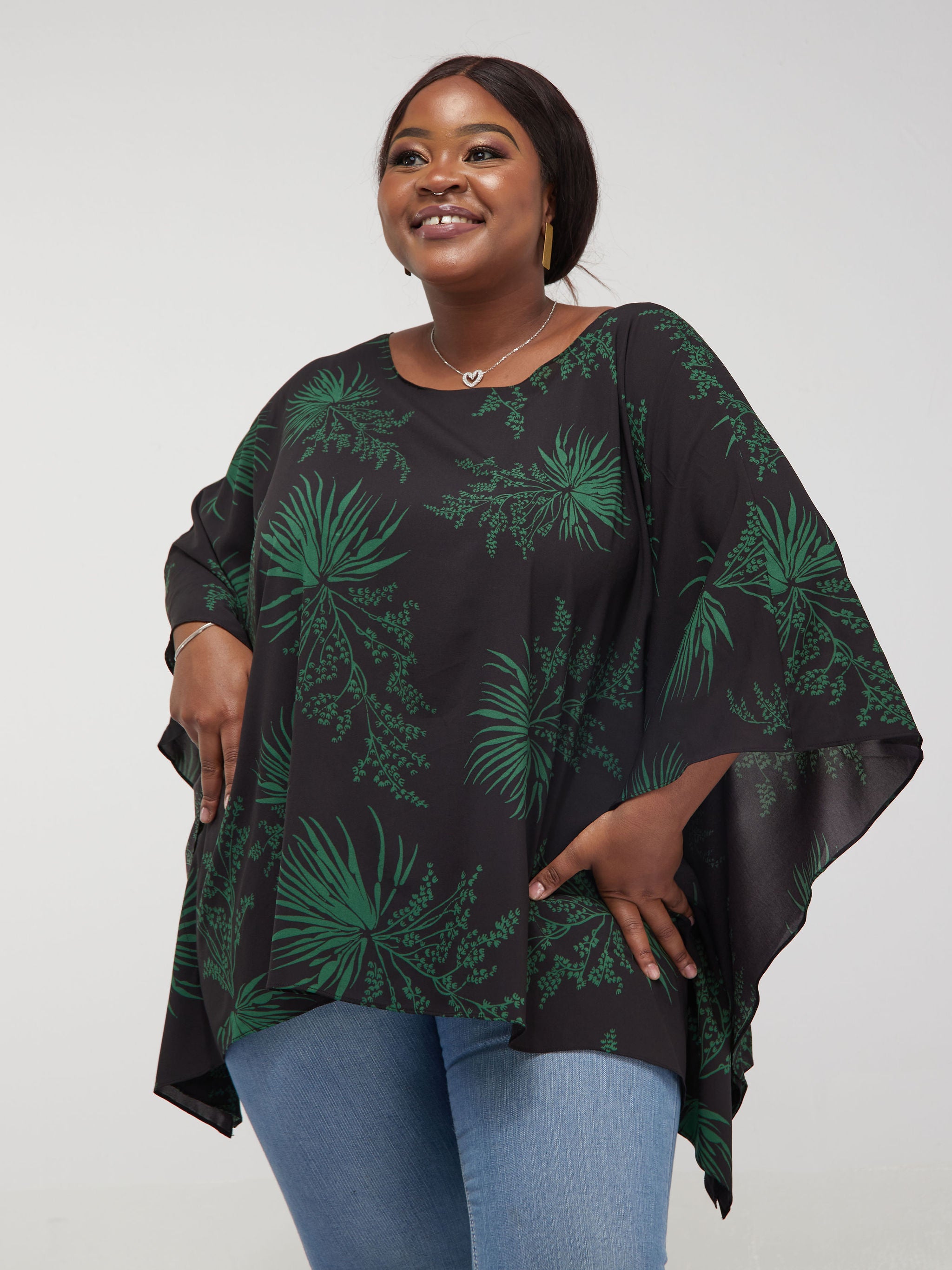 Safari Maisha Kaftan Top - Black / Green Leaf Print