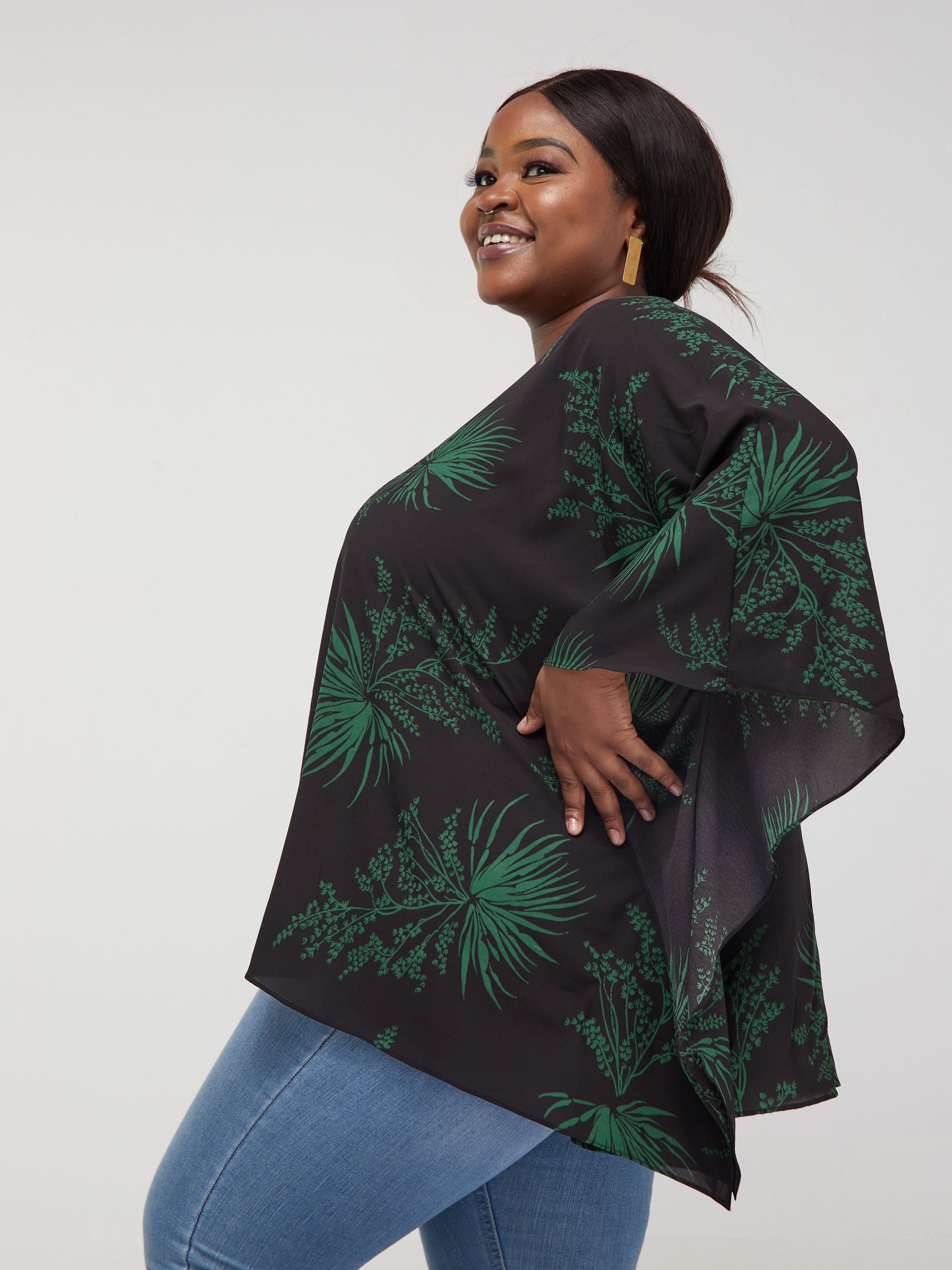 Safari Maisha Kaftan Top - Black / Green Leaf Print