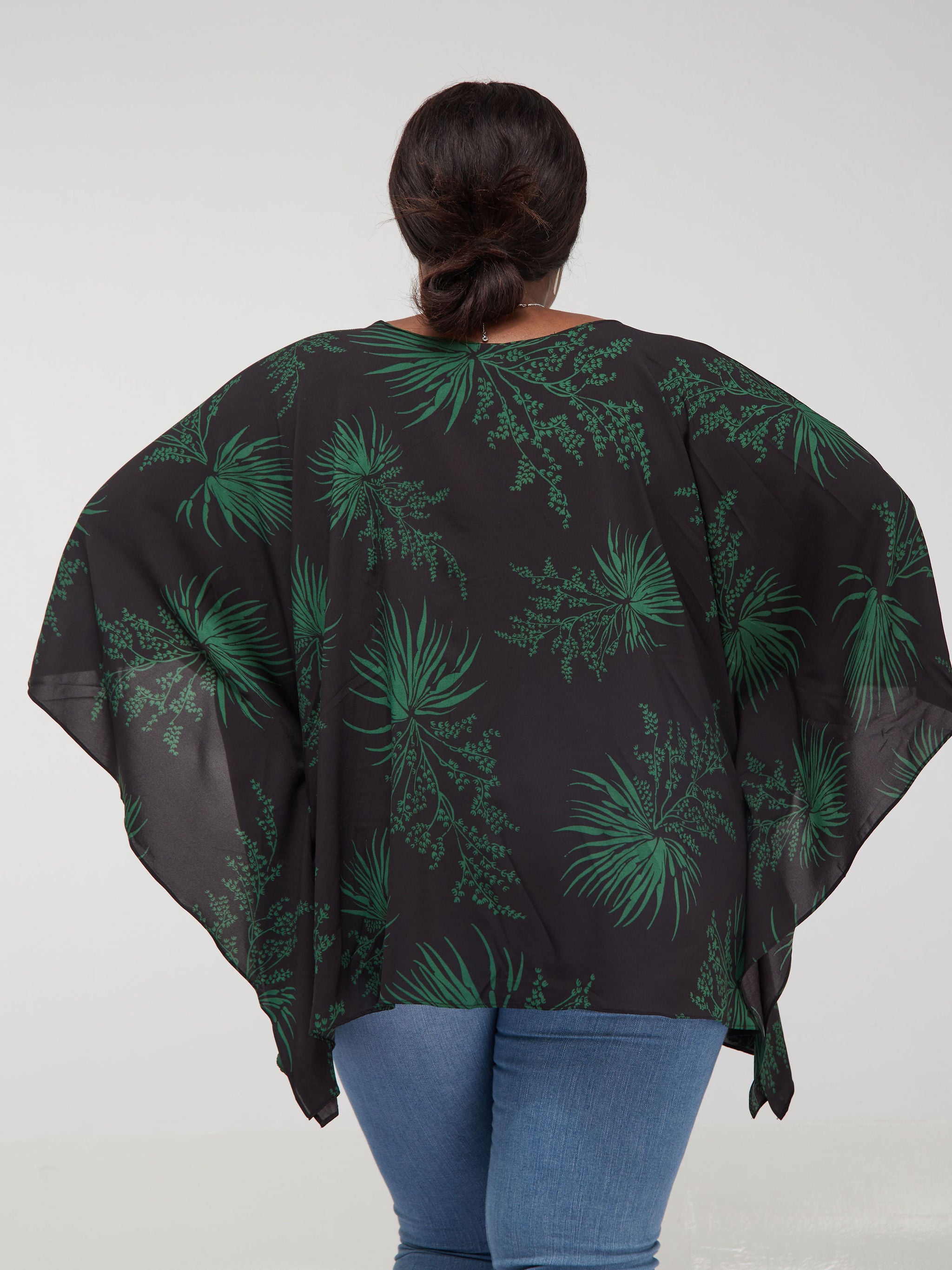 Safari Maisha Kaftan Top - Black / Green Leaf Print
