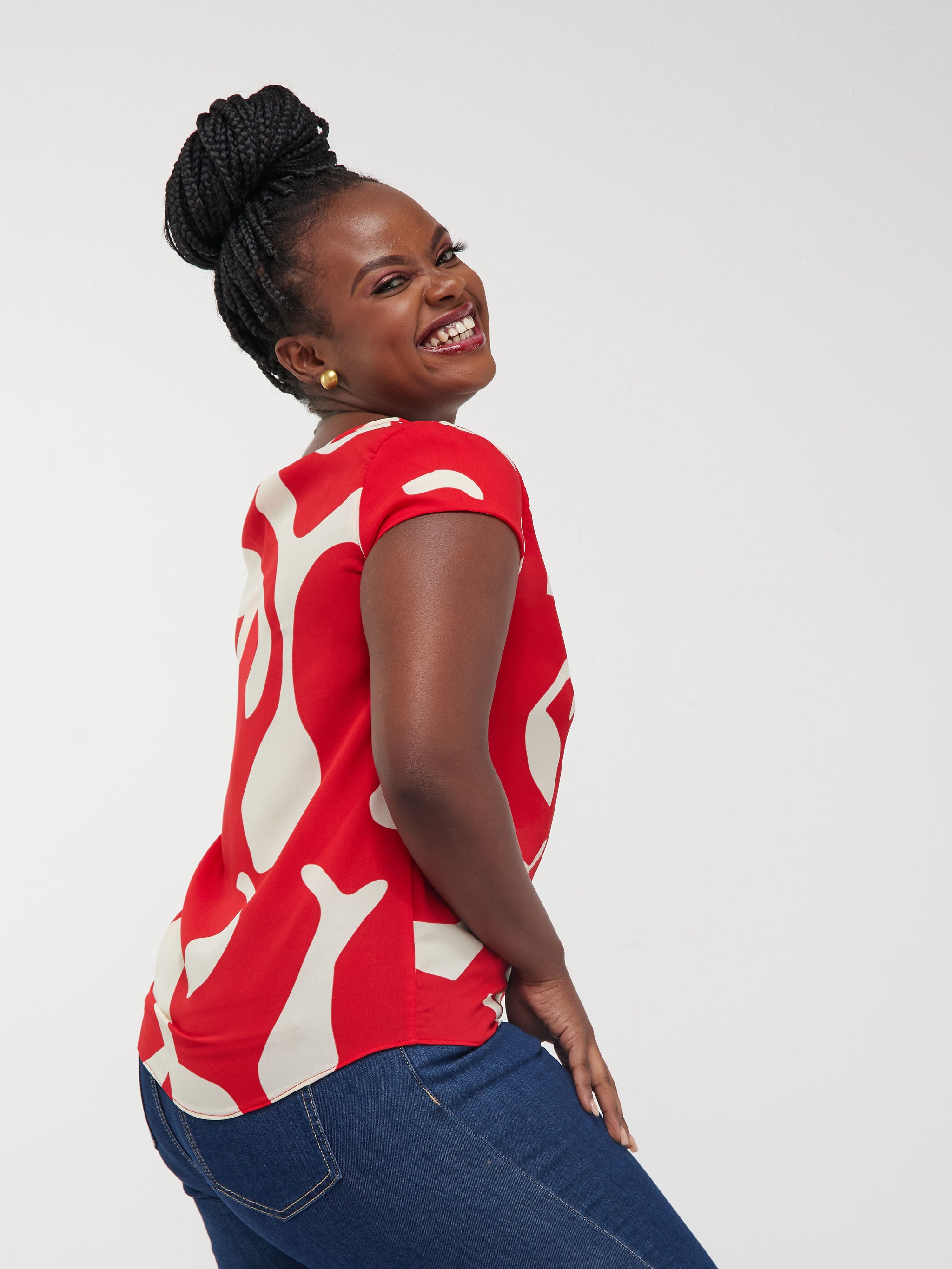 Vivo Basic Crepe Cap Sleeved Top - Red Abstract Print