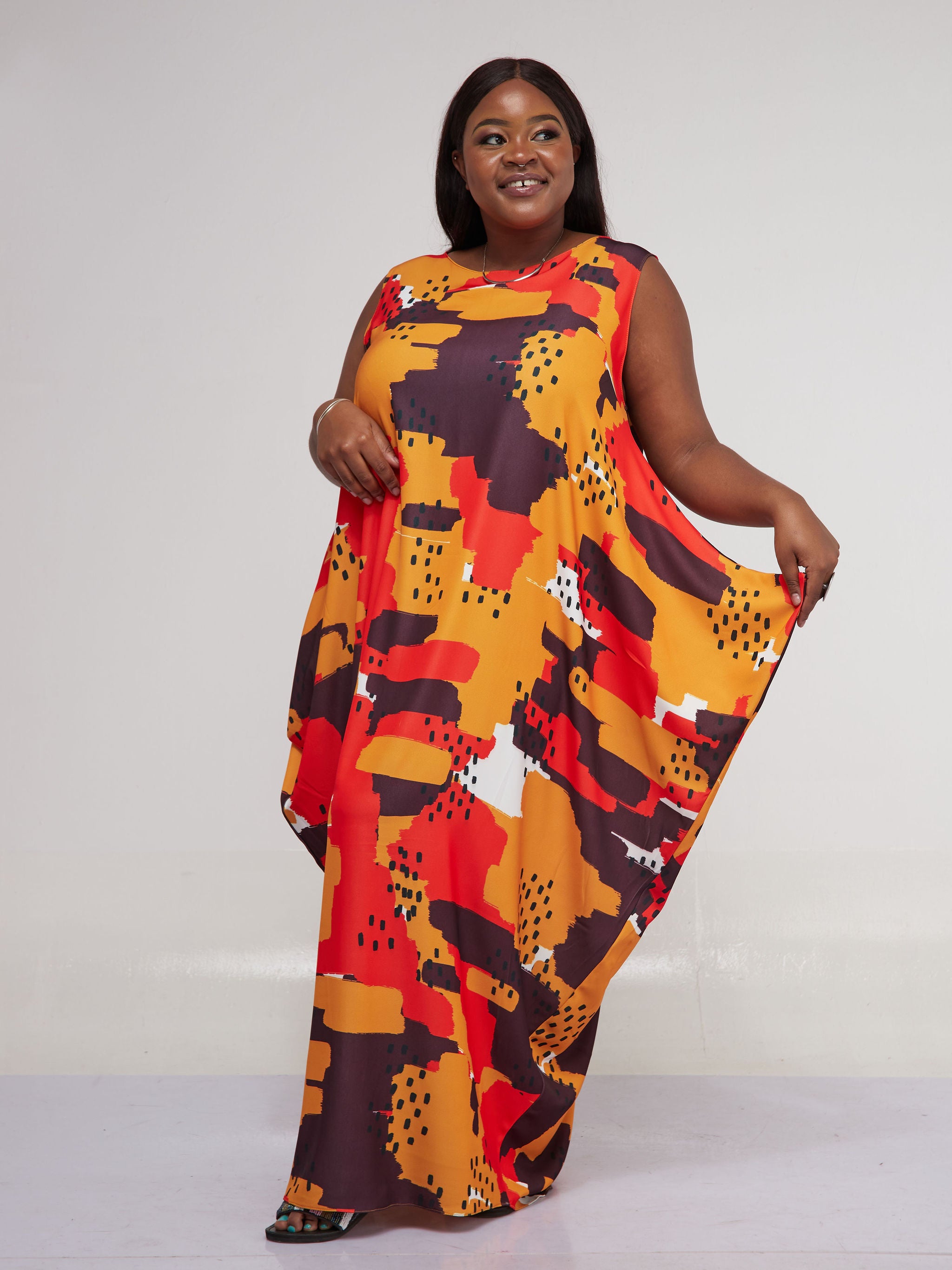 Vivo Alek Side Cowl Sleeveless Maxi Dress - Orange Print