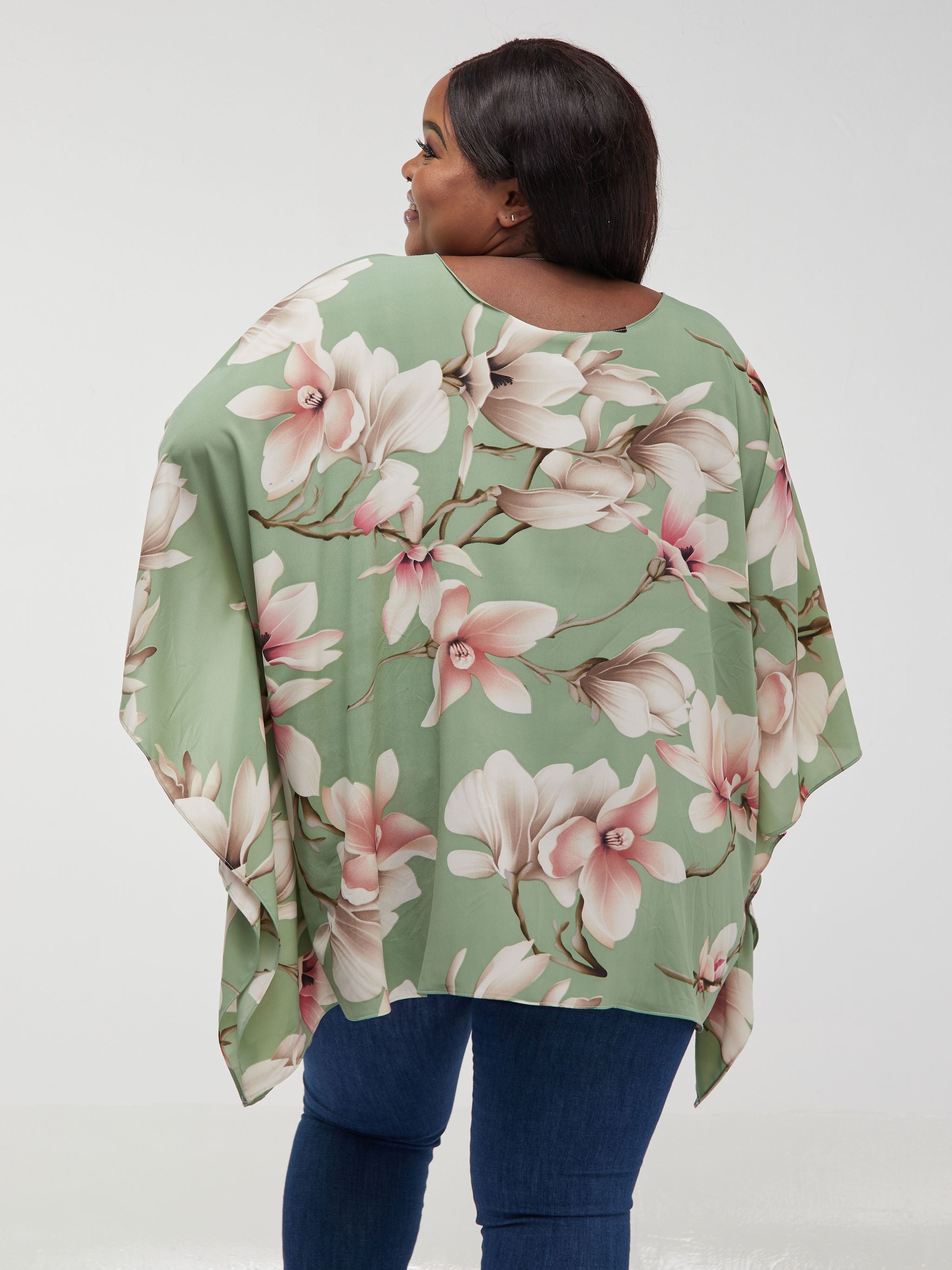 Safari Maisha Kaftan Top - Green / Pink Floral Print
