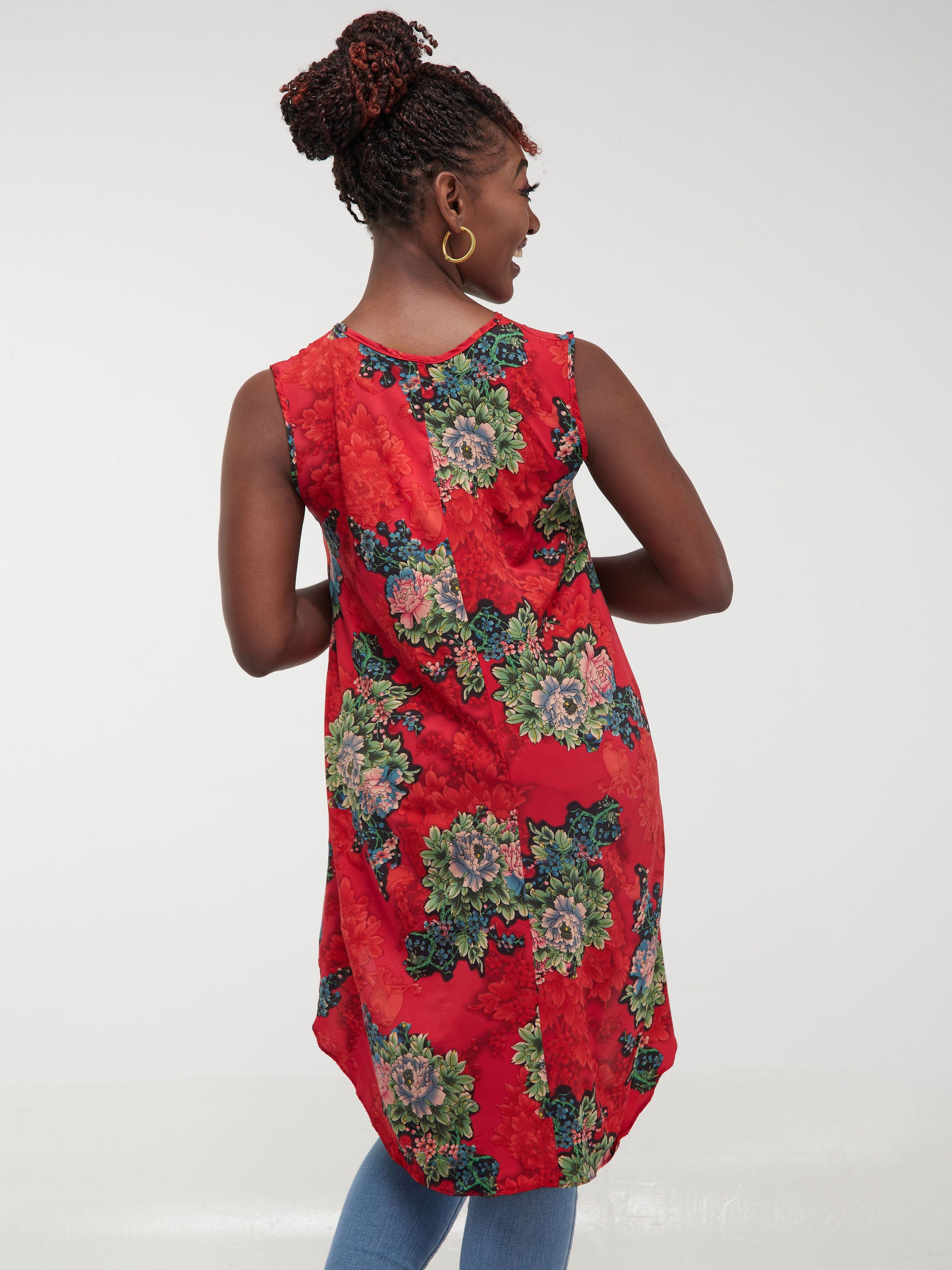 Safari Maisha Sleeveless Hi Low Top - Red / Green Floral Print