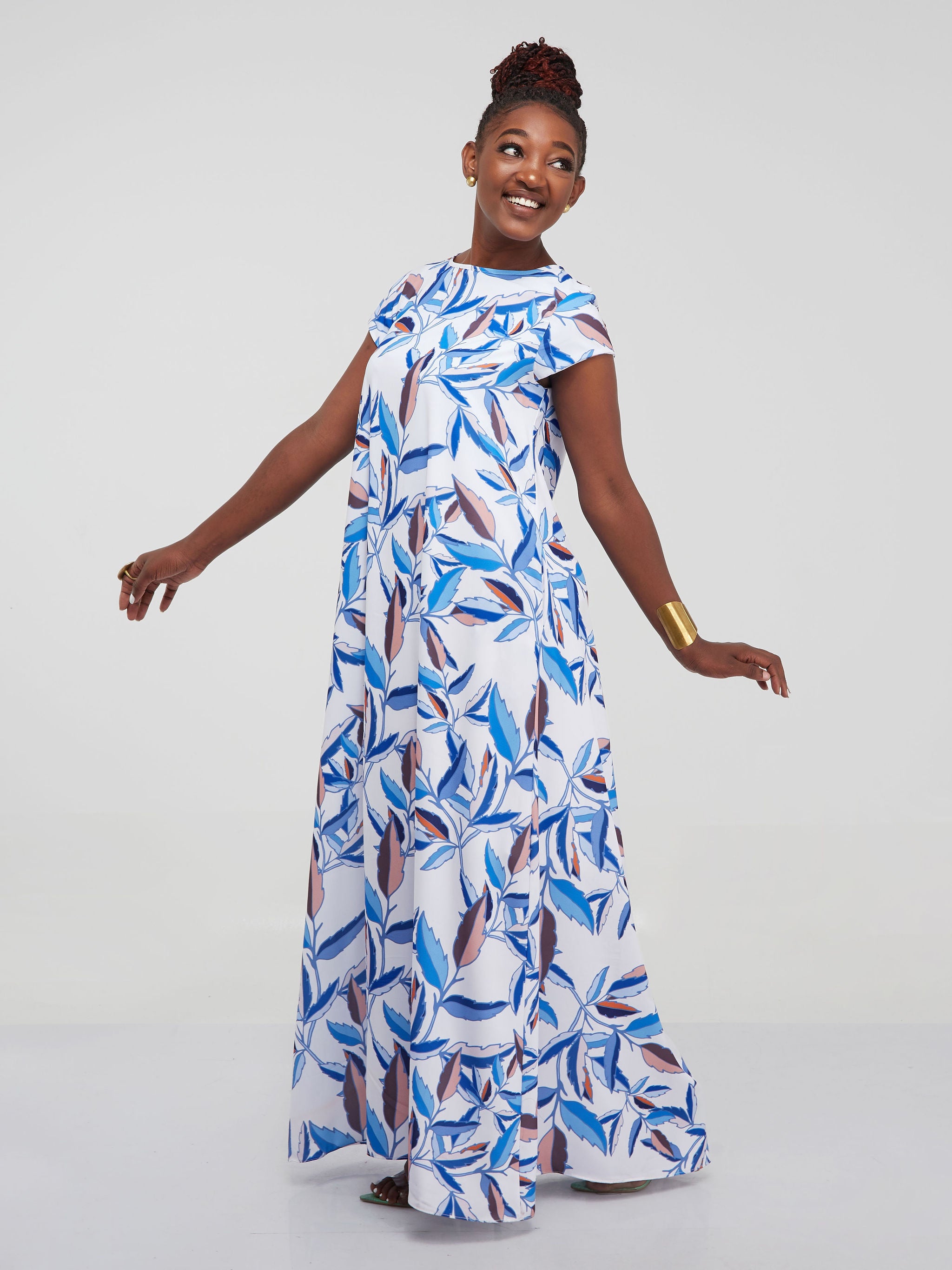 Vivo Basic Cap Sleeved Tent Maxi Dress - Blue Floral Print