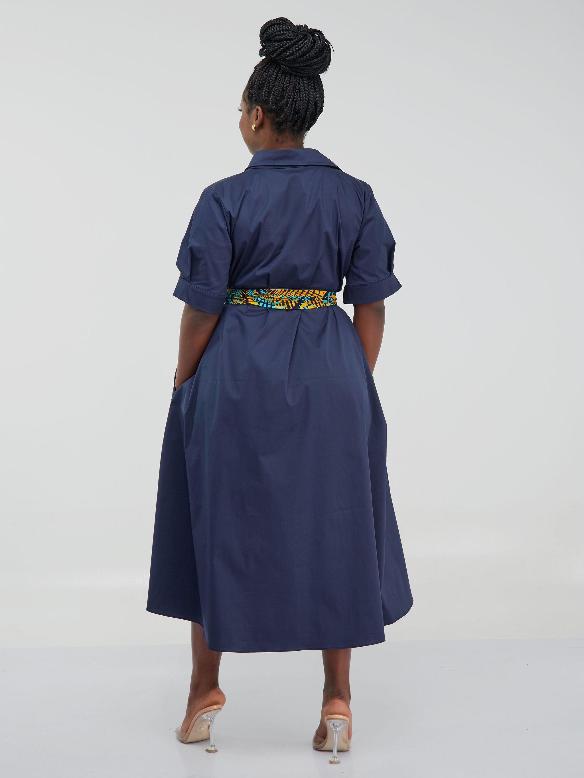 Safari Huru Short Sleeved Midi A-Line Dress - Navy Blue