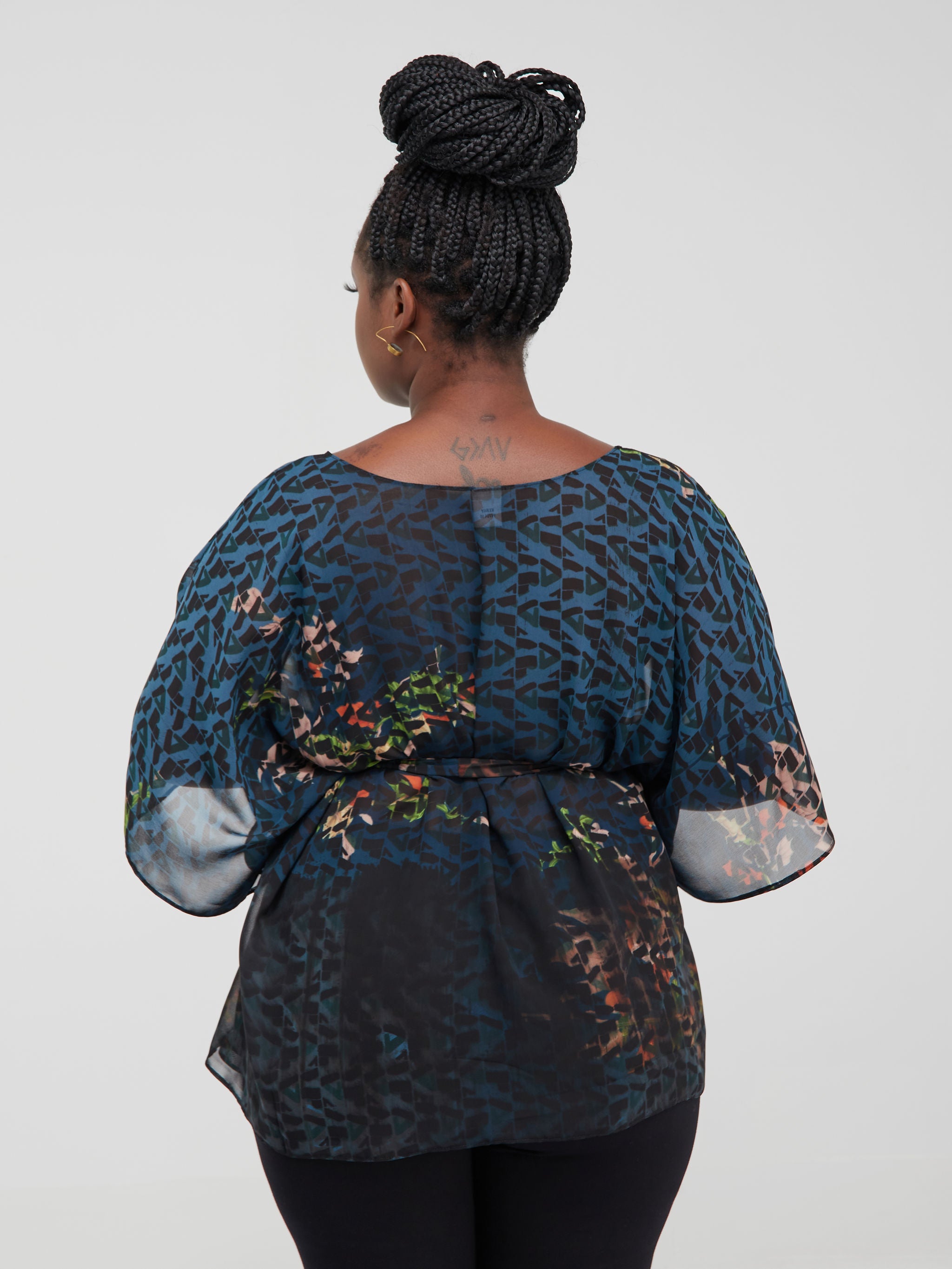 Safari Watamu Loose Chiffon Top - Black / Teal Print