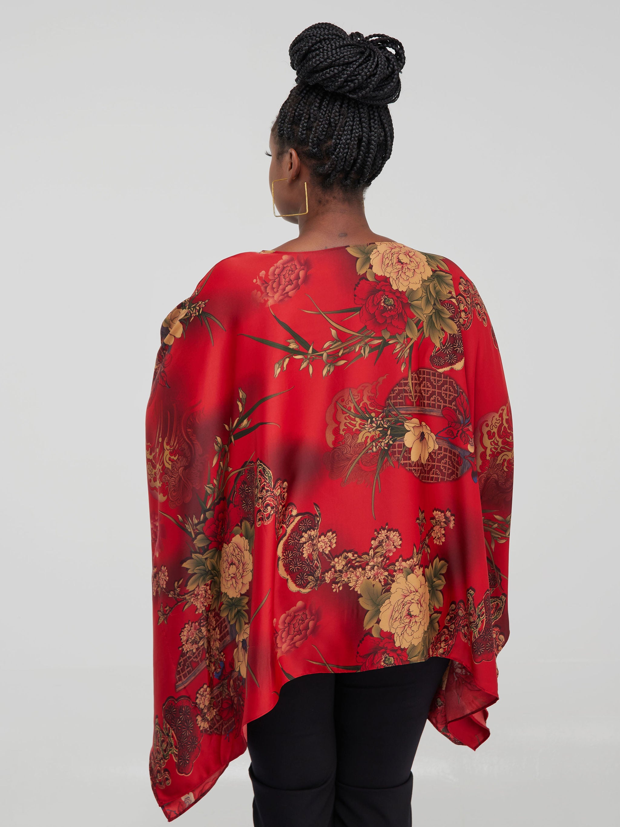 Safari Lamu Satin Top - Dark Red / Green Floral Print