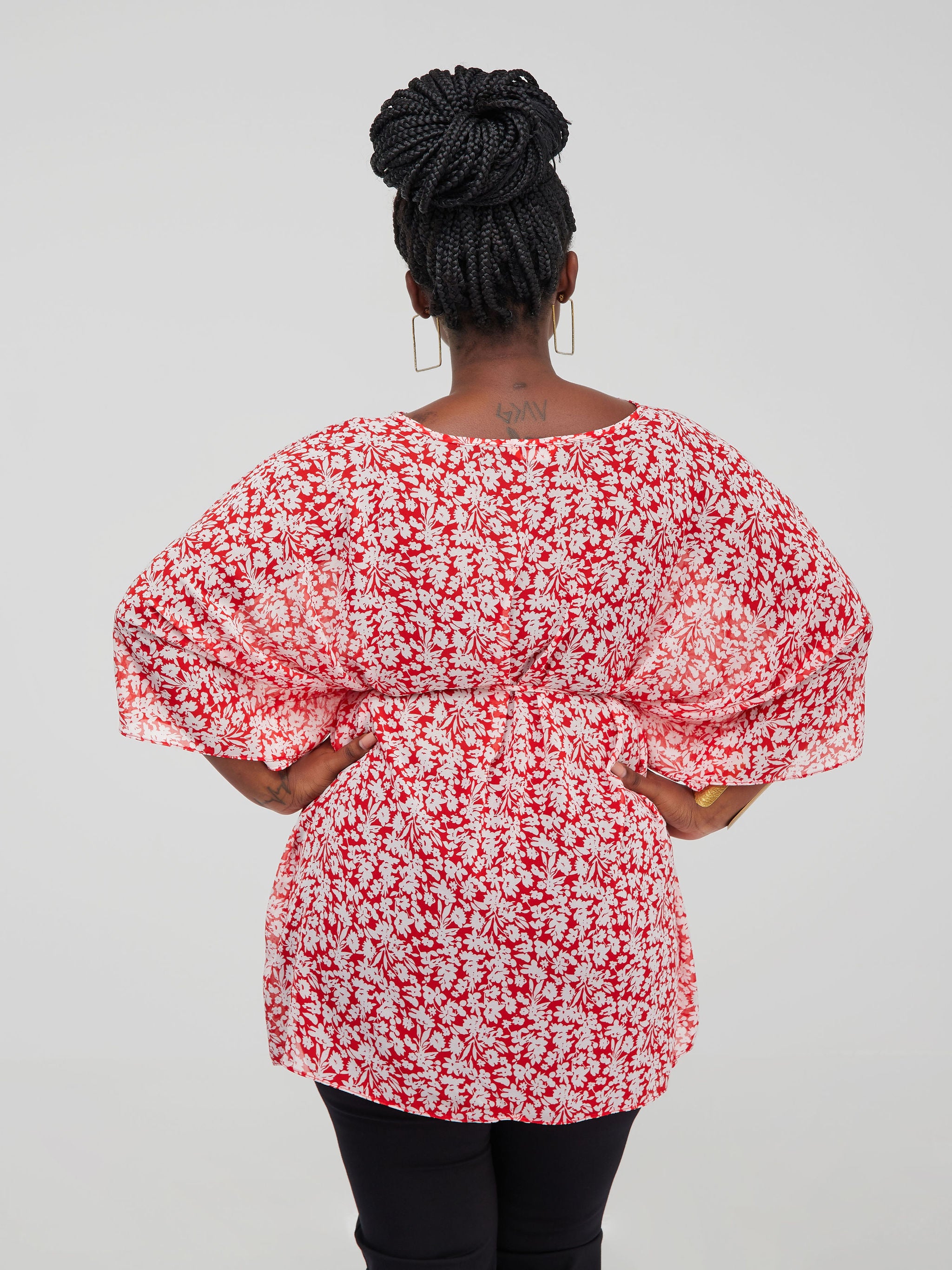 Vivo Basic Chiffon Tie Kaftan Top - Red Floral Print