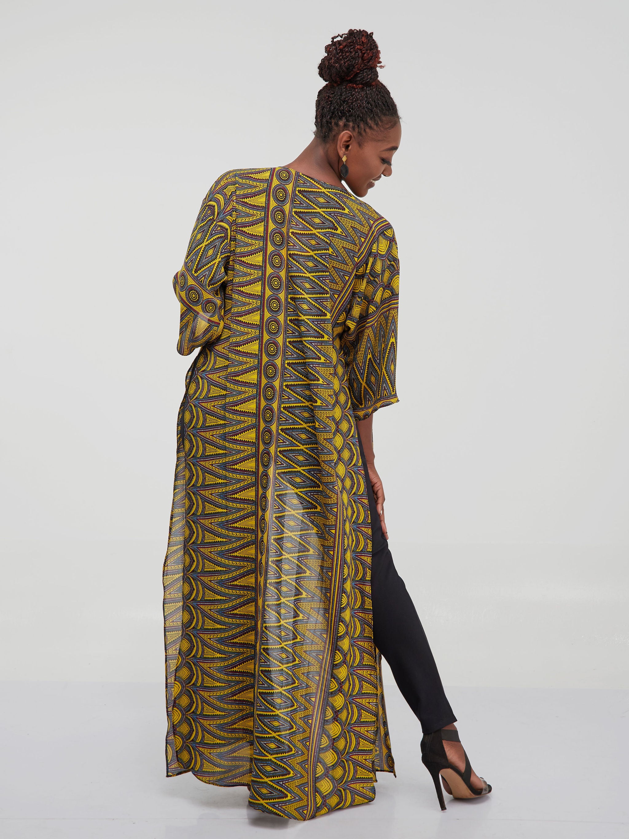 Vivo Basic Nandi High Slit Kimono - Yellow /Pink Geometric Print
