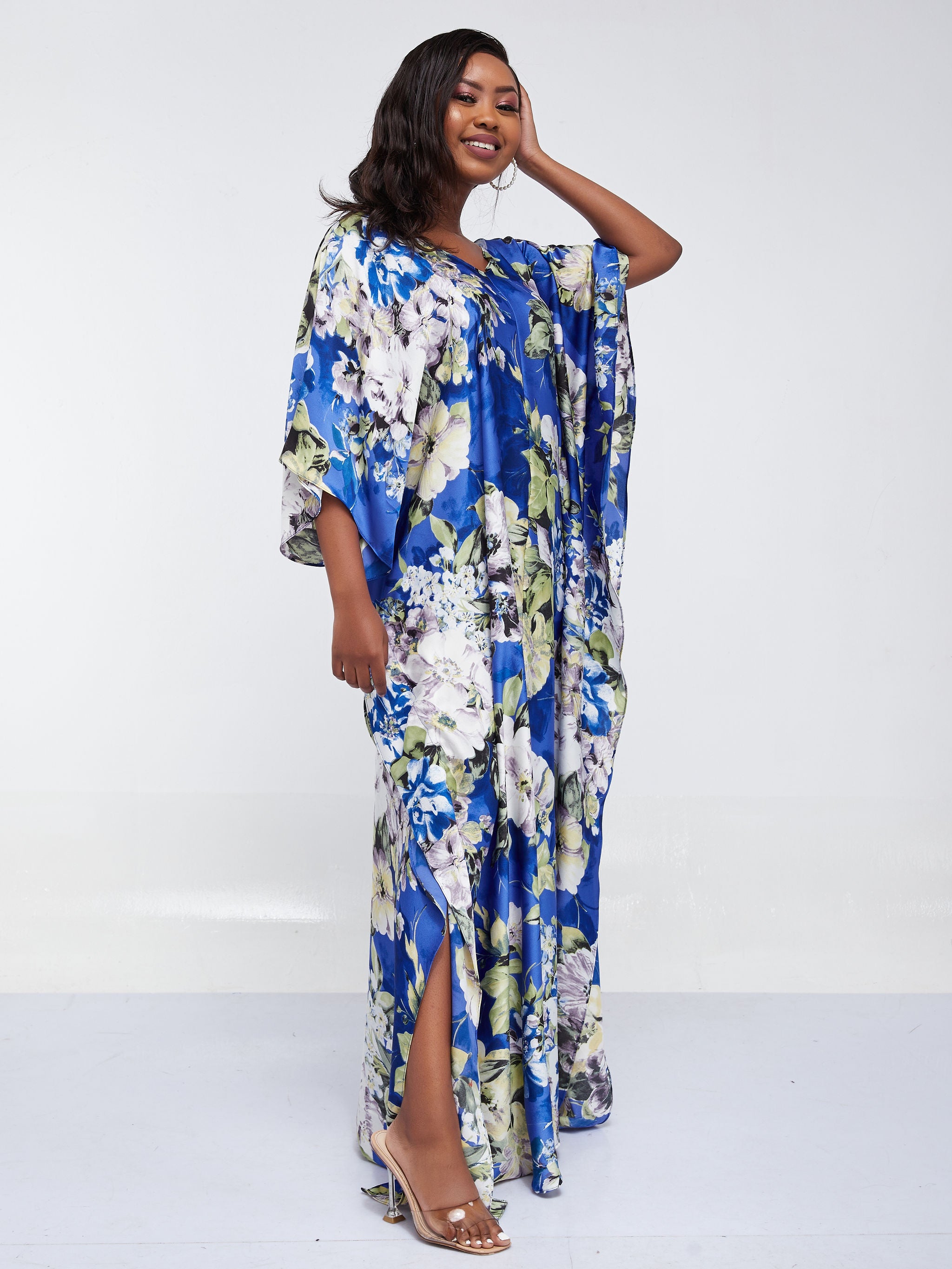 Vivo Basic V-Neck Satin Kaftan - Blue / Yellow Print