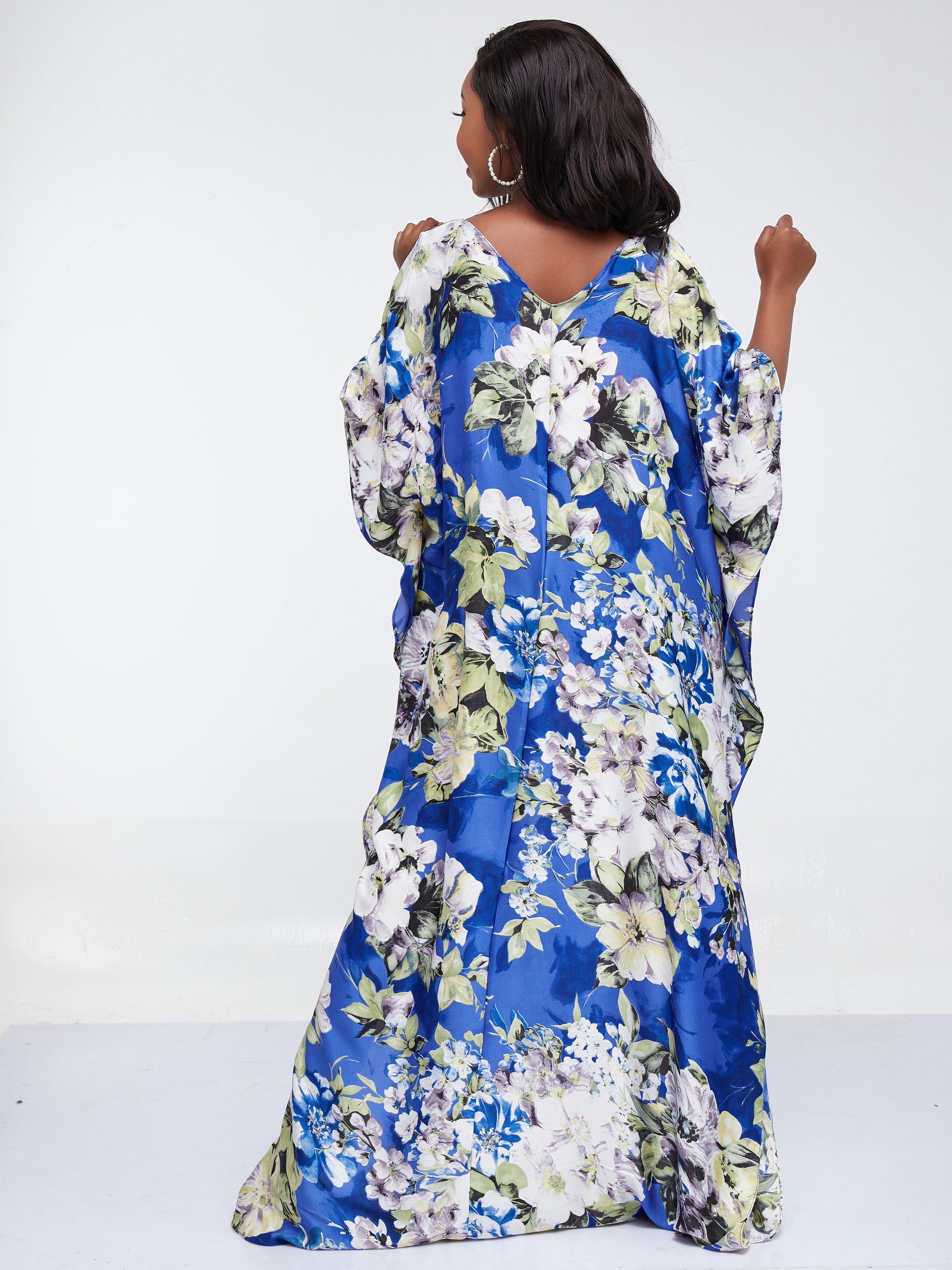 Vivo Basic V-Neck Satin Kaftan - Blue / Yellow Print