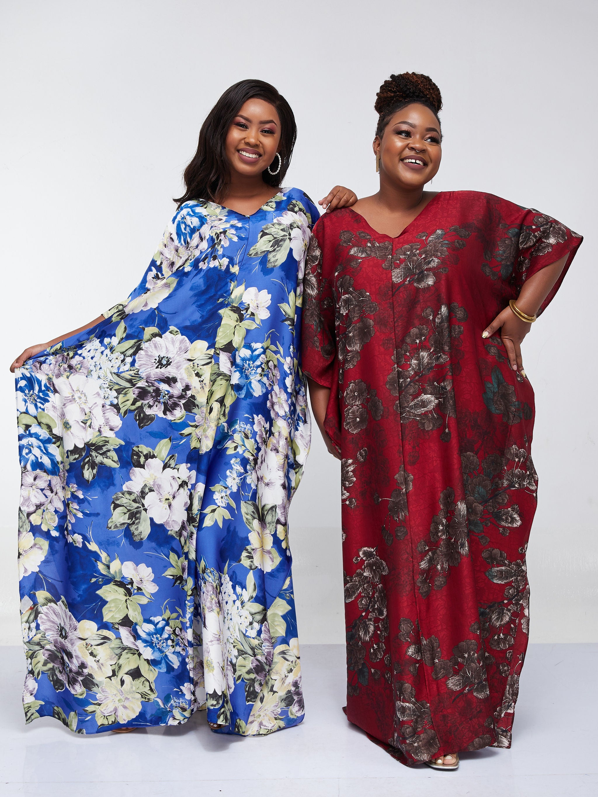 Vivo Basic V-Neck Satin Kaftan - Blue / Yellow Print