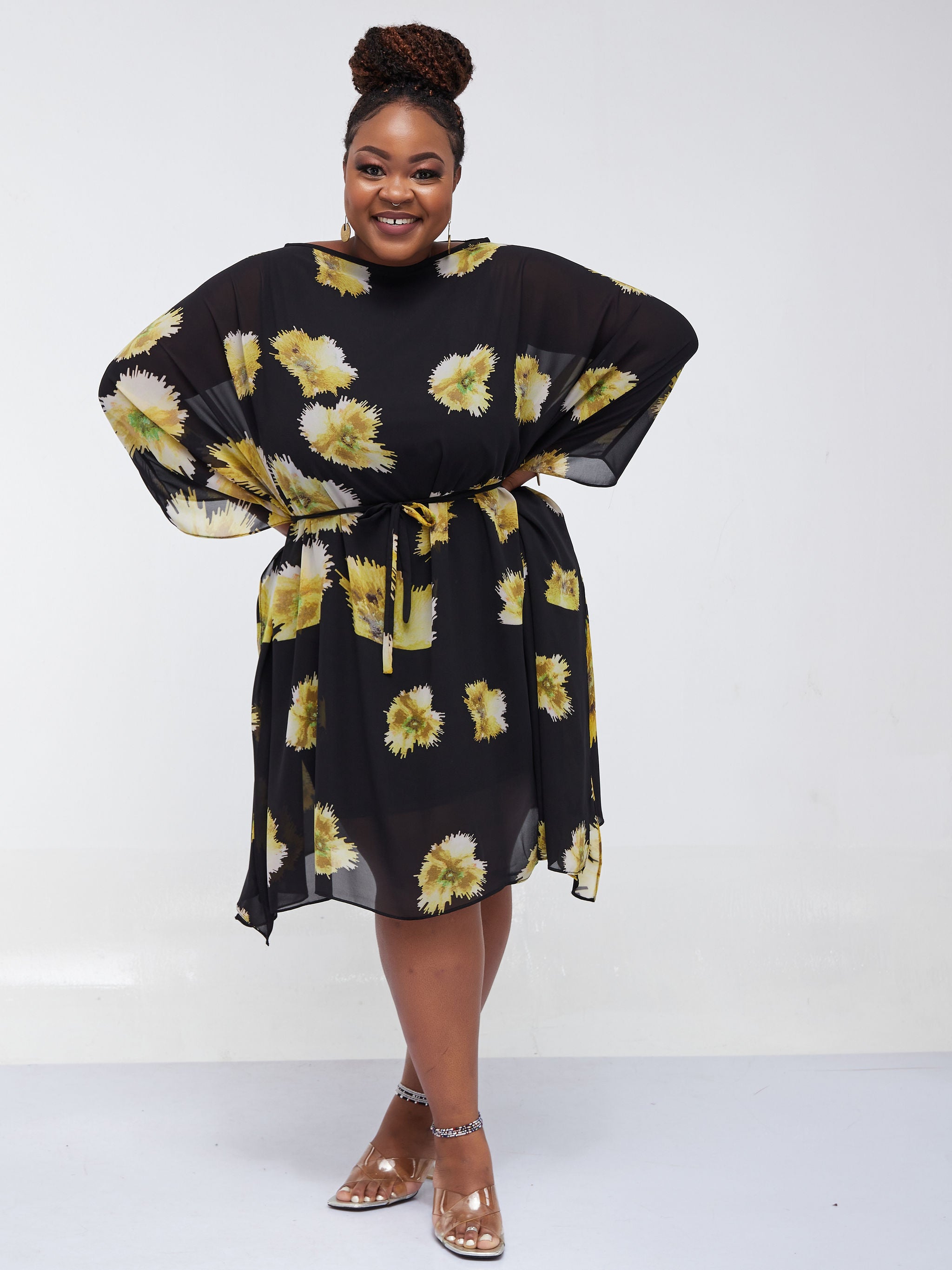 Vivo Muna Knee Length Kaftan Black Yellow Abstract Print Vivo Fashion Group Kenya