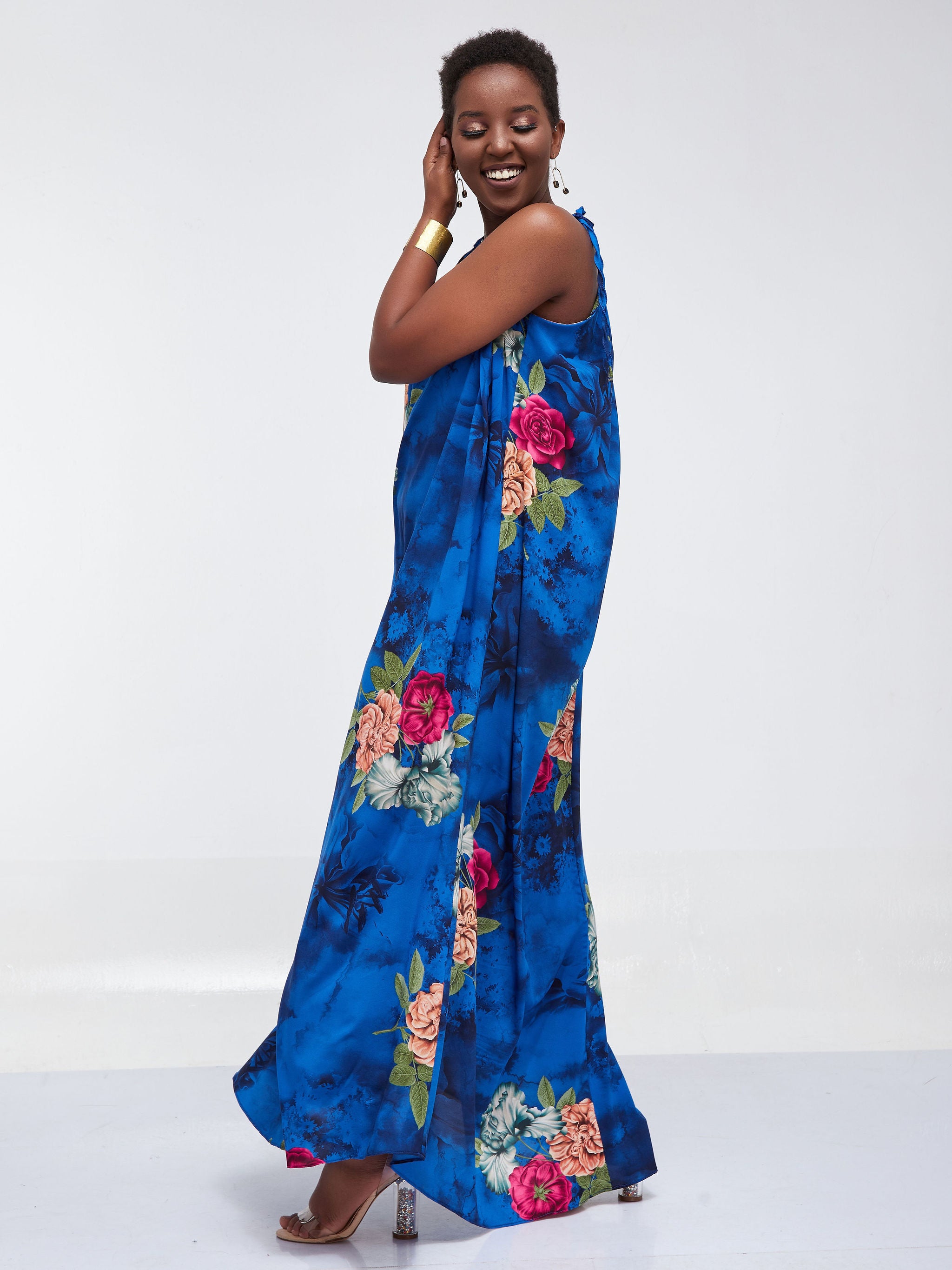 Safari Maisha Strappy Maxi Cover Up Dress Royal Blue Floral Print Vivo Fashion Group Kenya