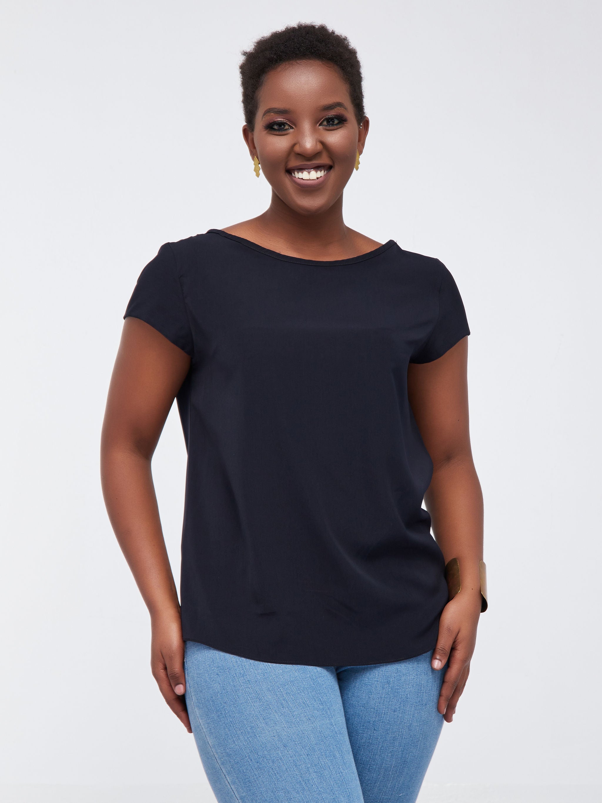 Vivo Basic Crepe Cap Sleeved Top - Navy Blue