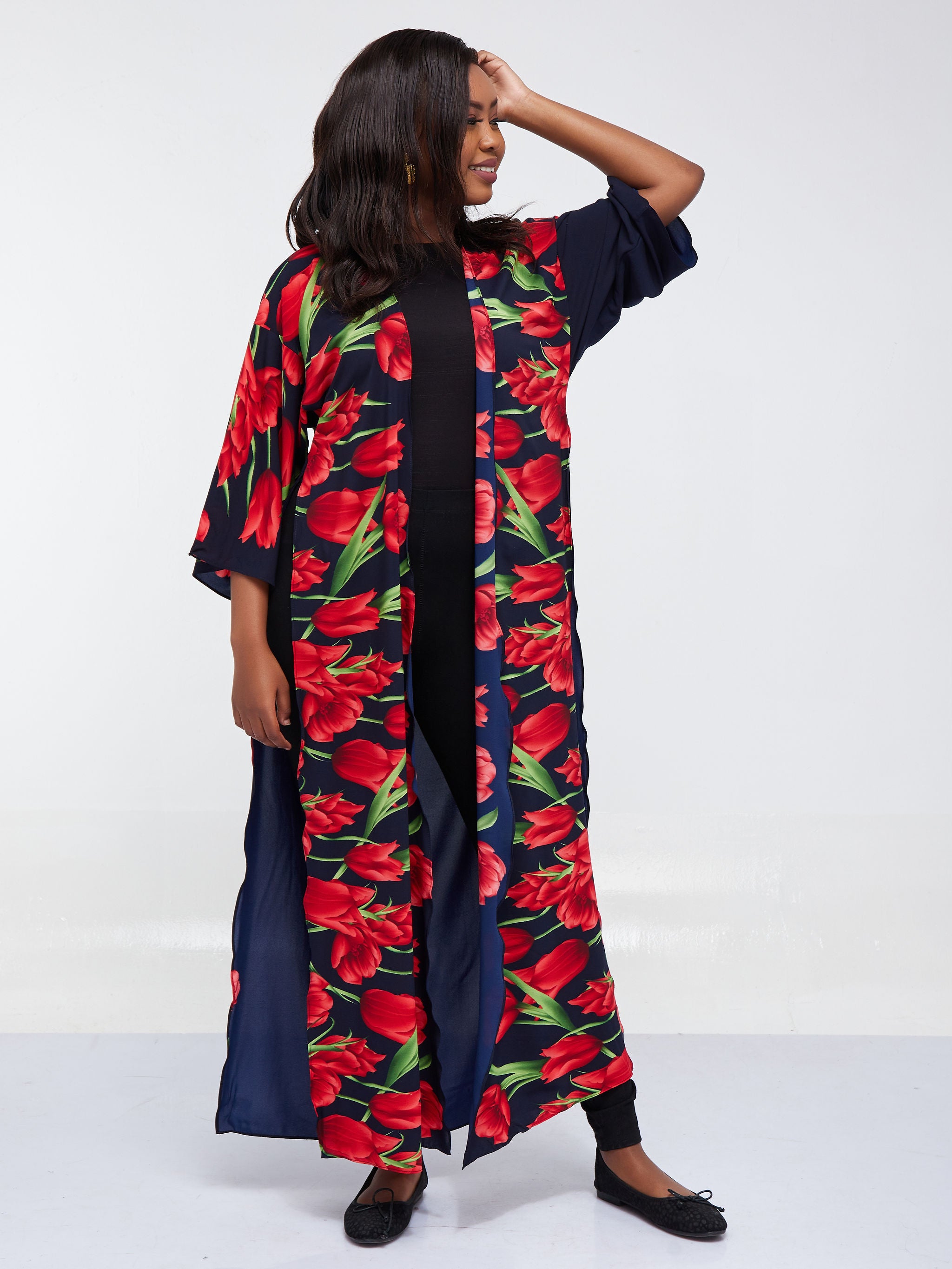 Safari Maisha High Slit Kimono - Navy Blue Floral Print