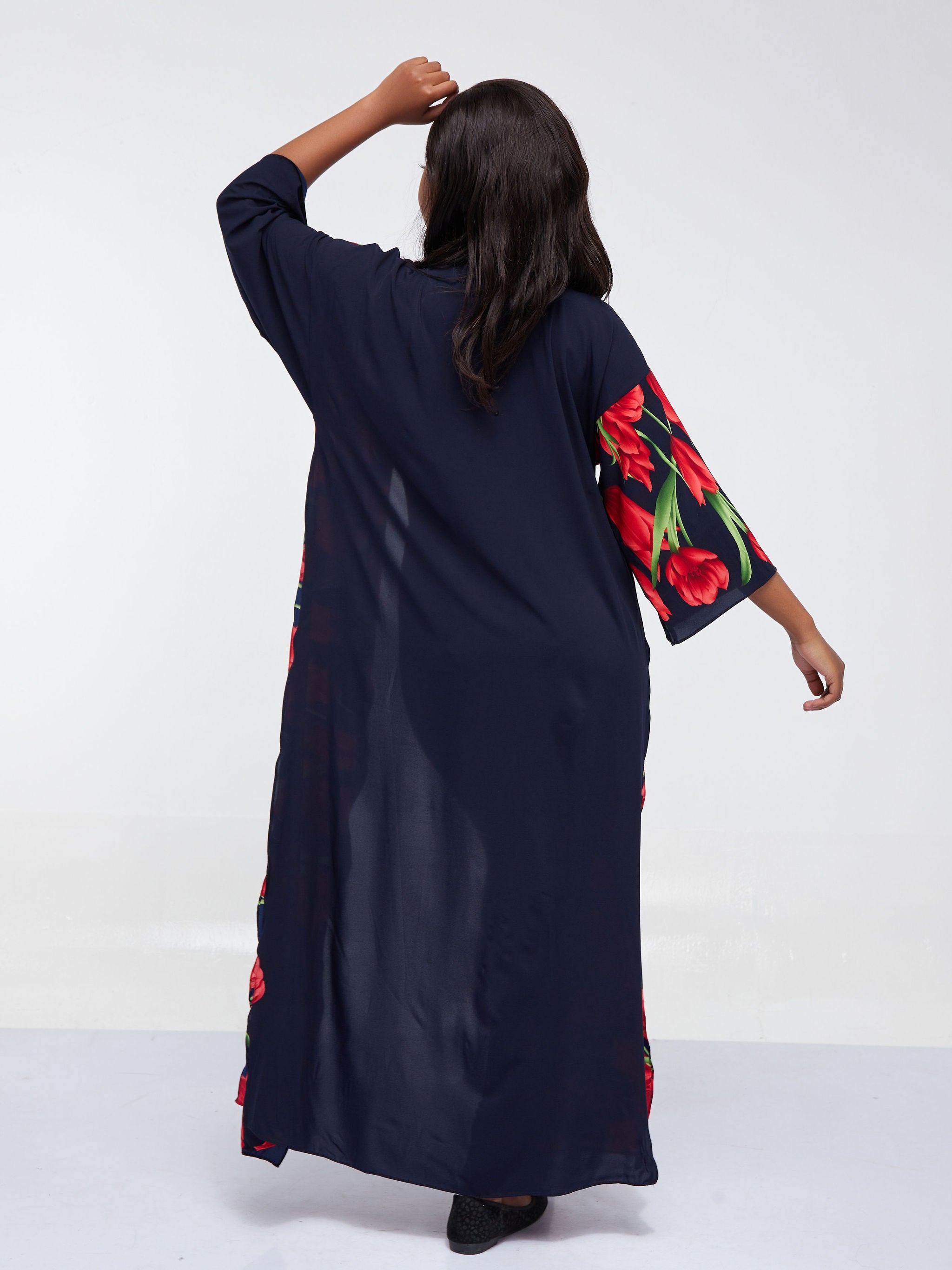 Safari Maisha High Slit Kimono - Navy Blue Floral Print