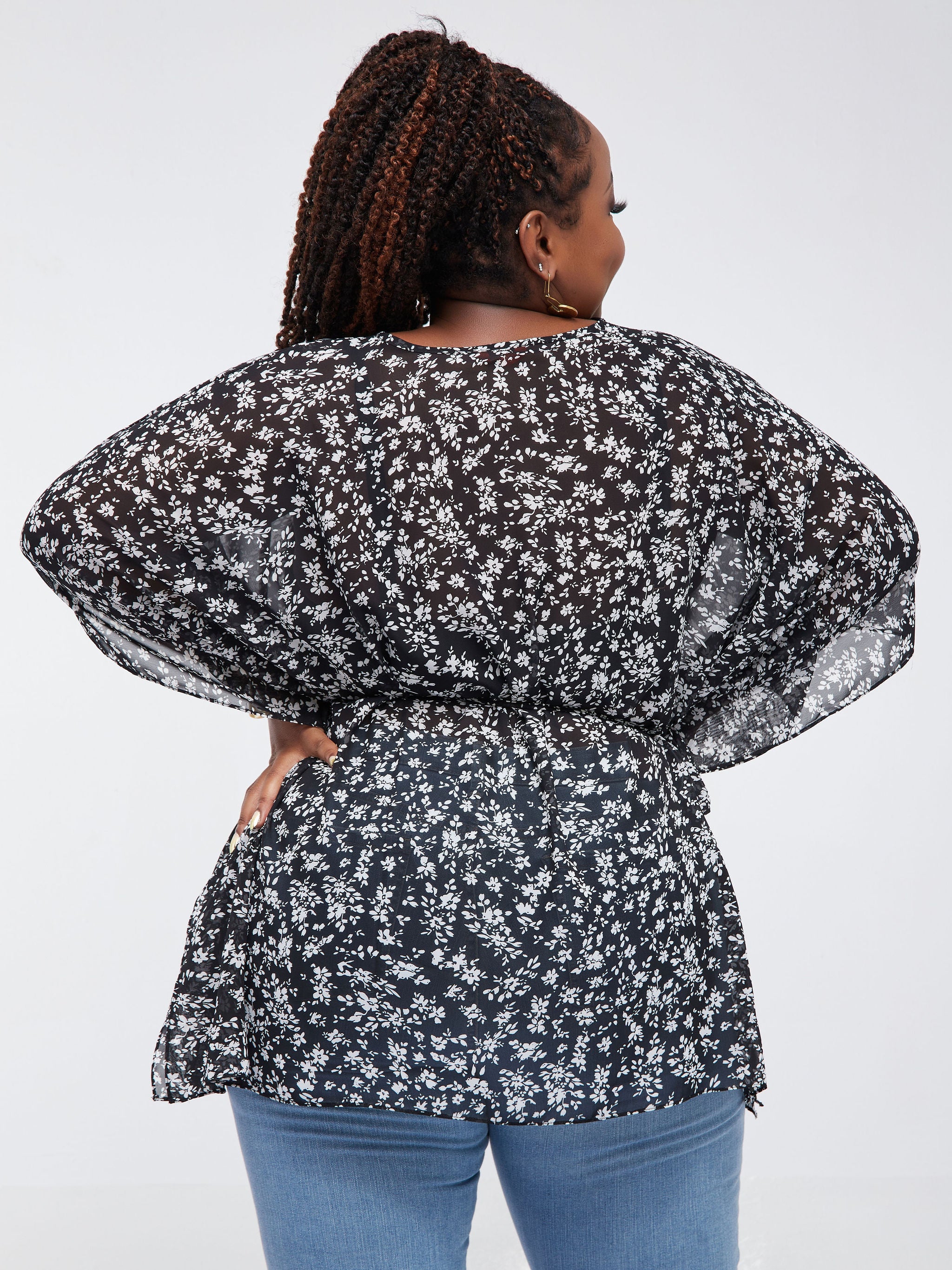 Vivo Basic Chiffon Tie Kaftan Top - Black Floral Print