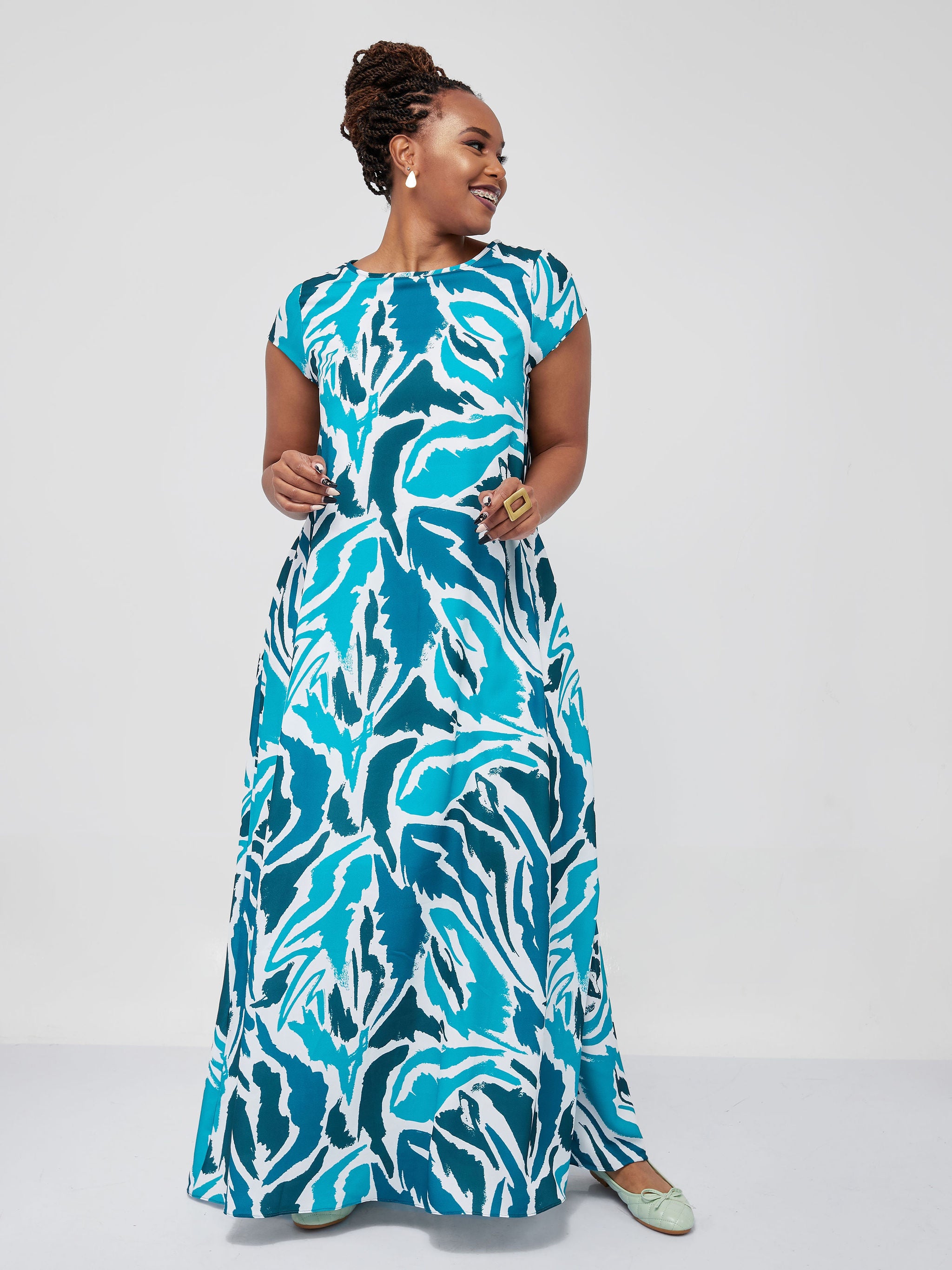 Vivo Basic Cap Sleeved Tent Maxi Dress - Teal / Blue Print
