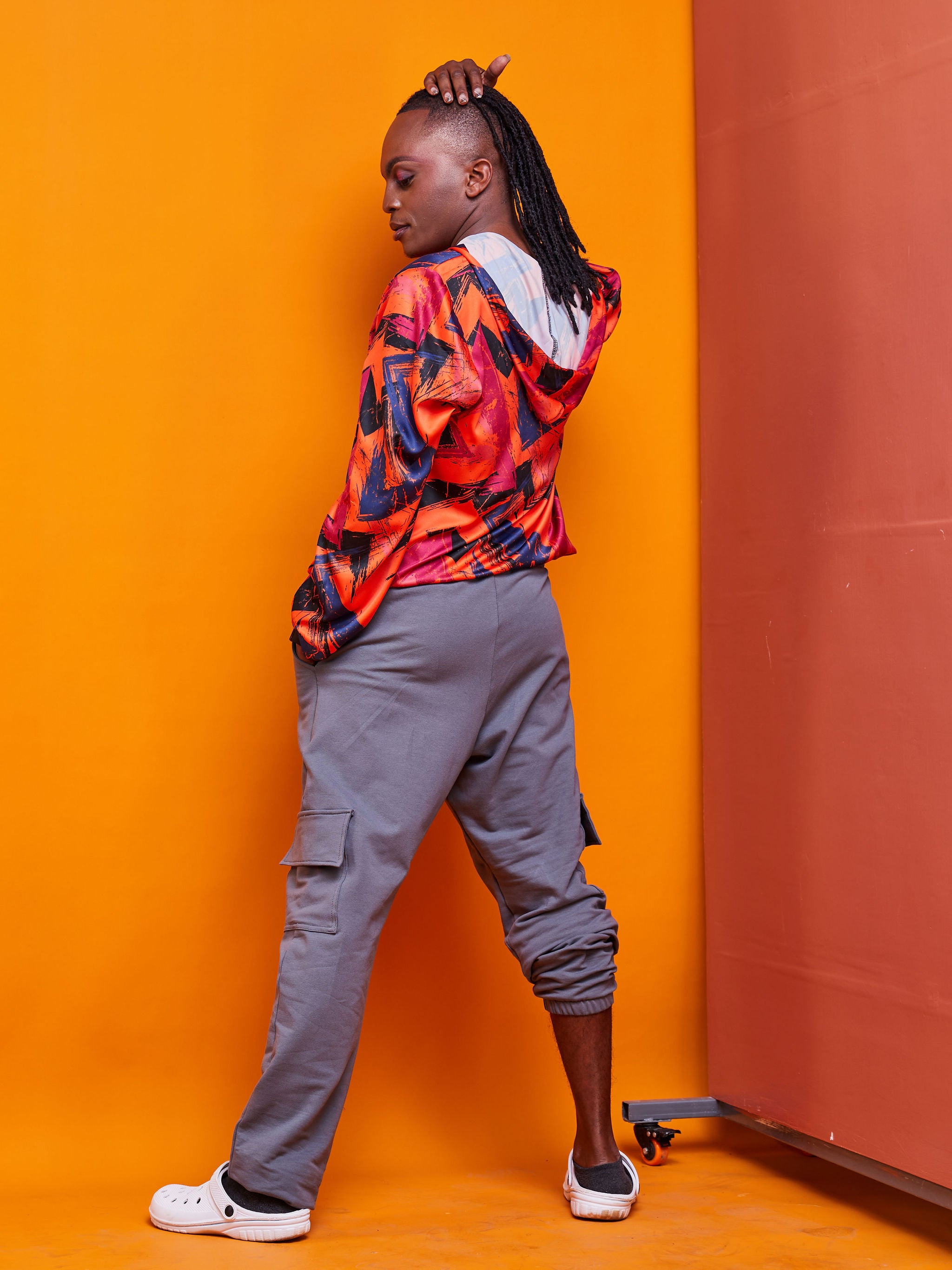 Zoya Brave Satin Hoodie - Orange Abstract Print