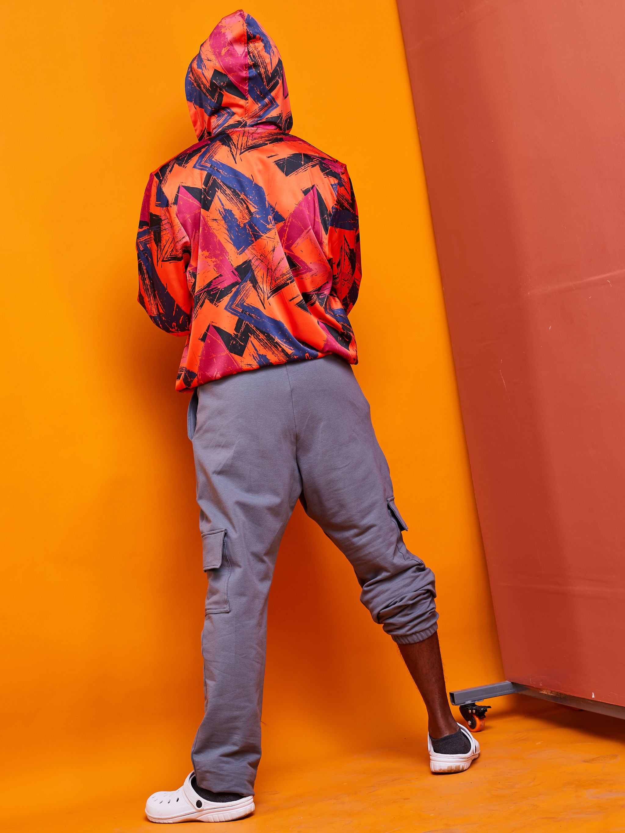 Zoya Brave Satin Hoodie - Orange Abstract Print