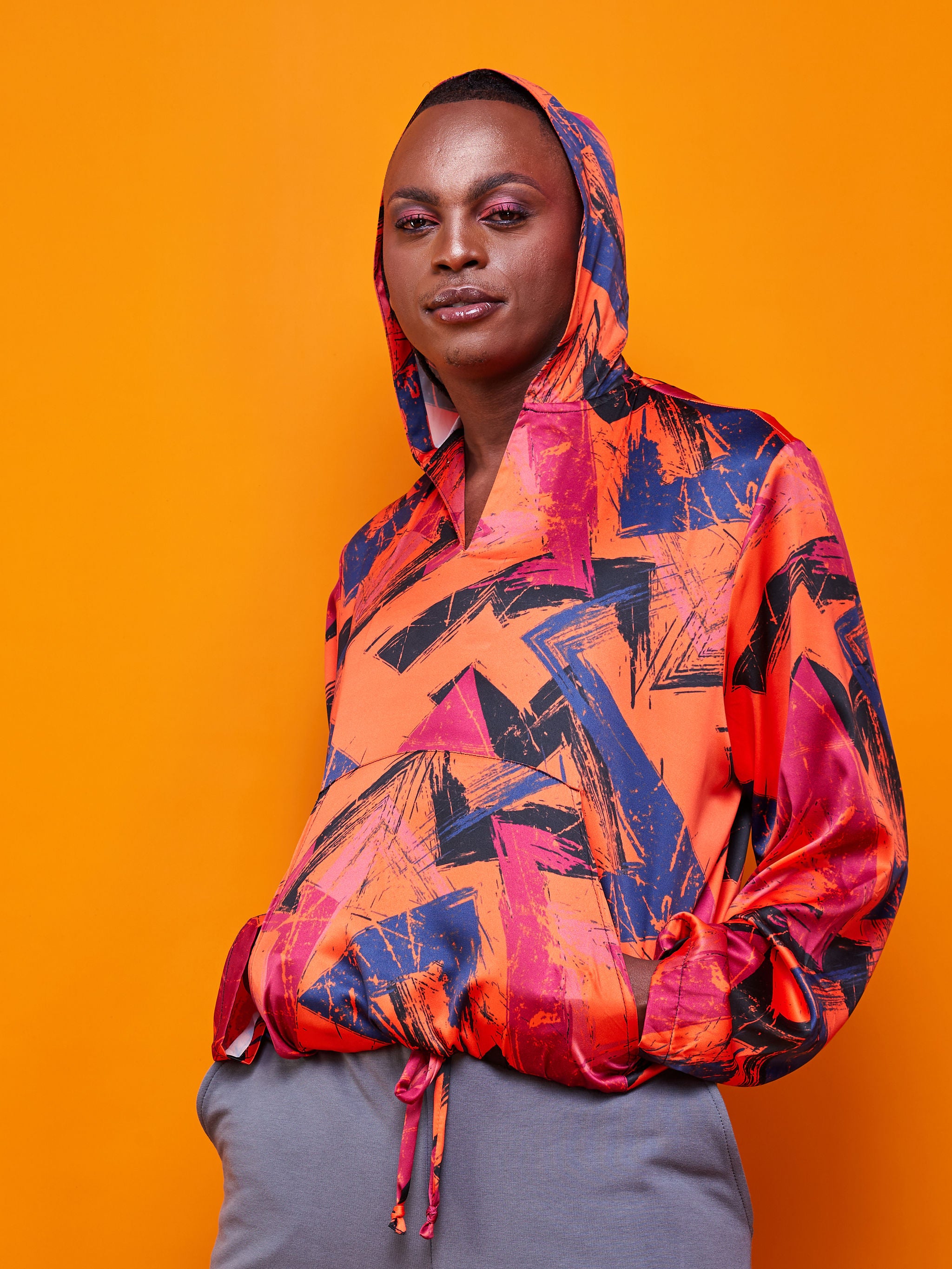 Zoya Brave Satin Hoodie - Orange Abstract Print