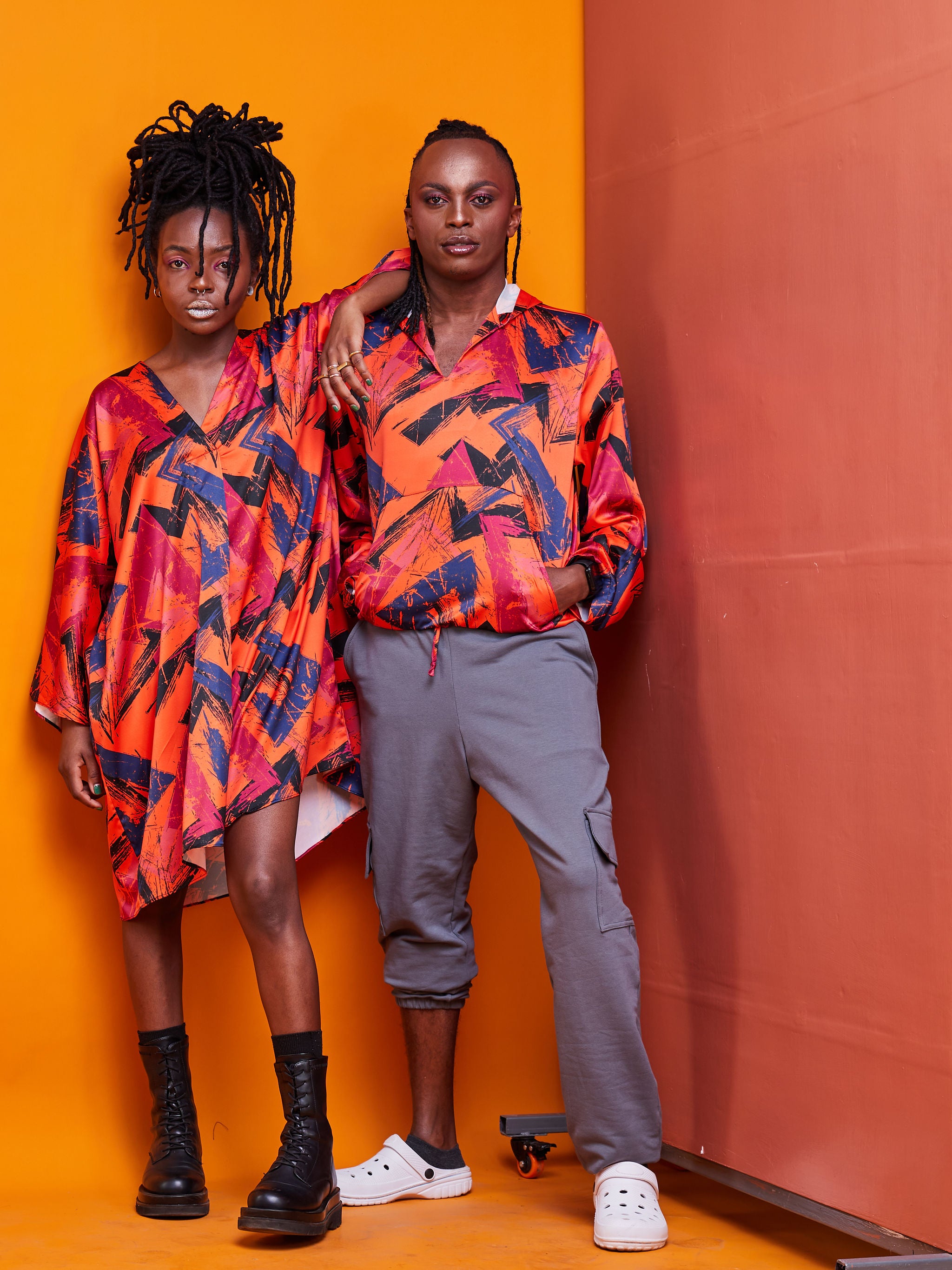 Zoya Brave Satin Hoodie - Orange Abstract Print