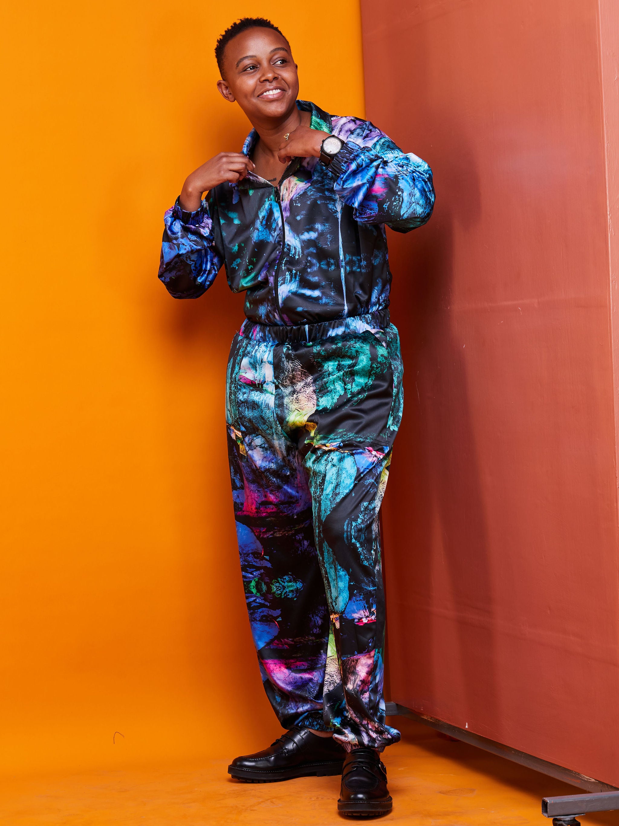 Zoya Brave Satin Bomber Jacket - Blue / Black Abstract Print