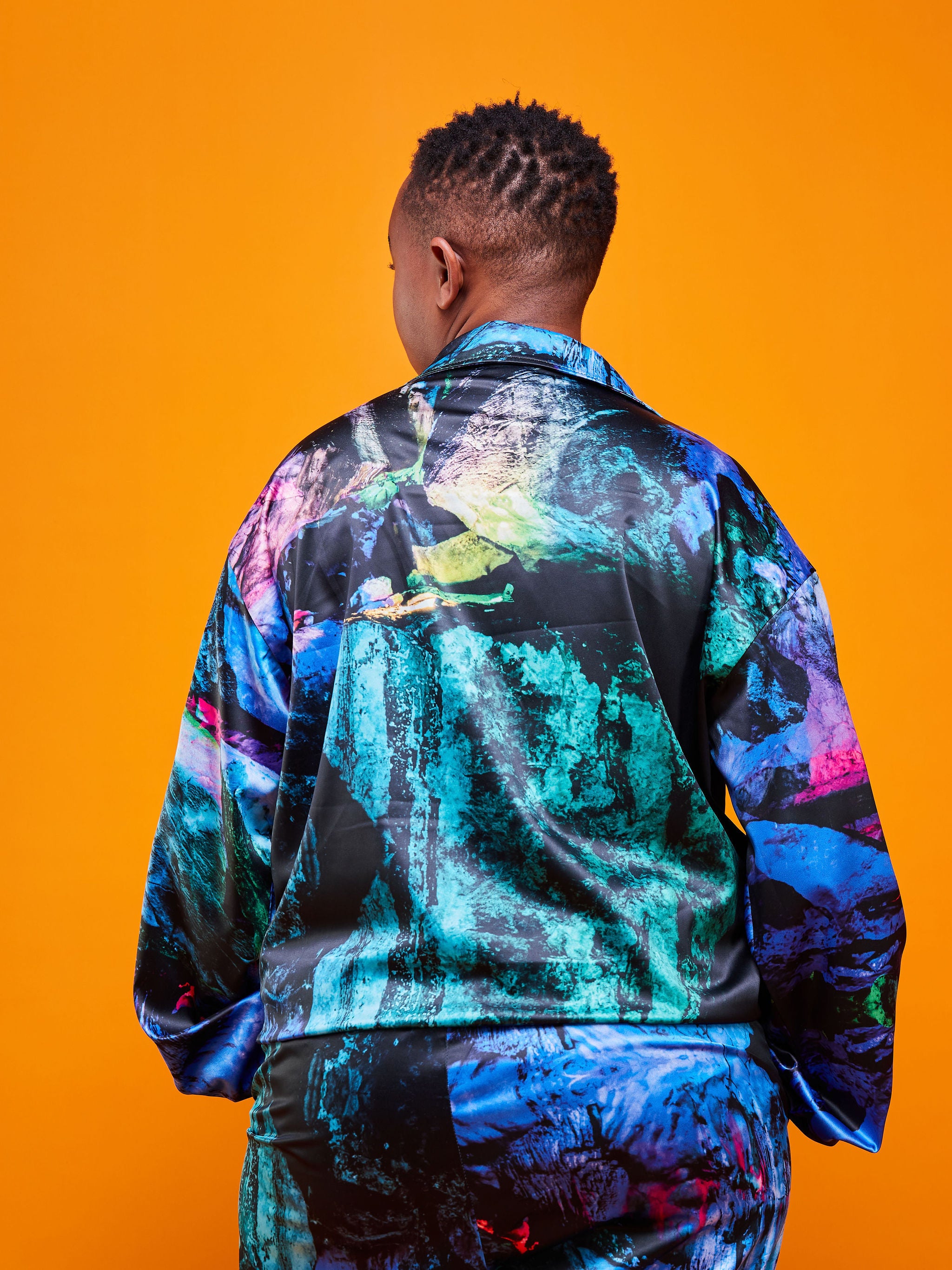 Zoya Brave Satin Bomber Jacket - Blue / Black Abstract Print