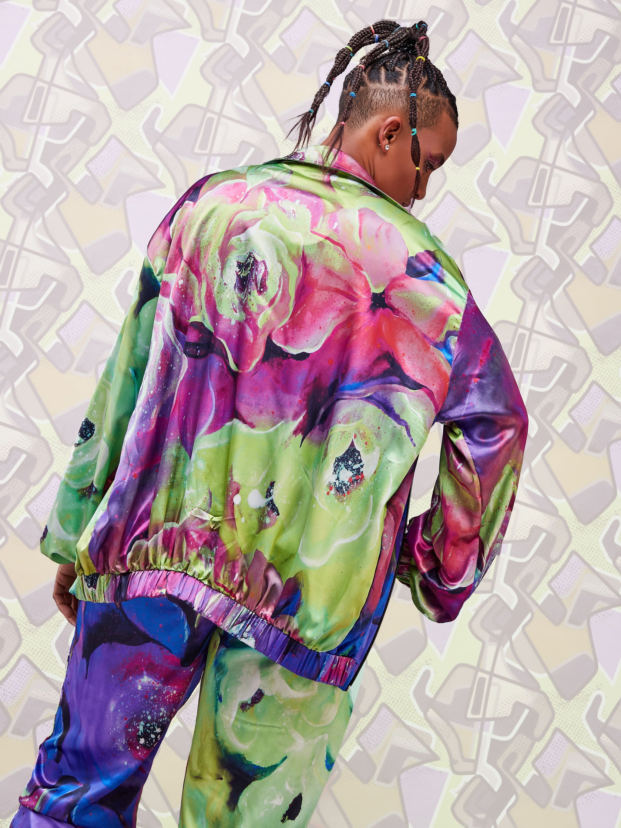 Zoya Brave Satin Bomber Jacket - Green Abstract Print