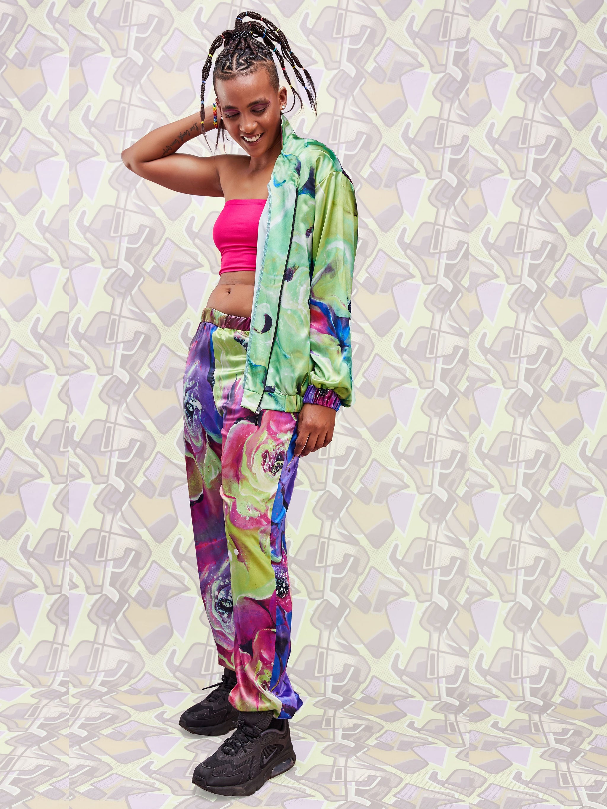 Zoya Brave Satin Bomber Jacket - Green Abstract Print