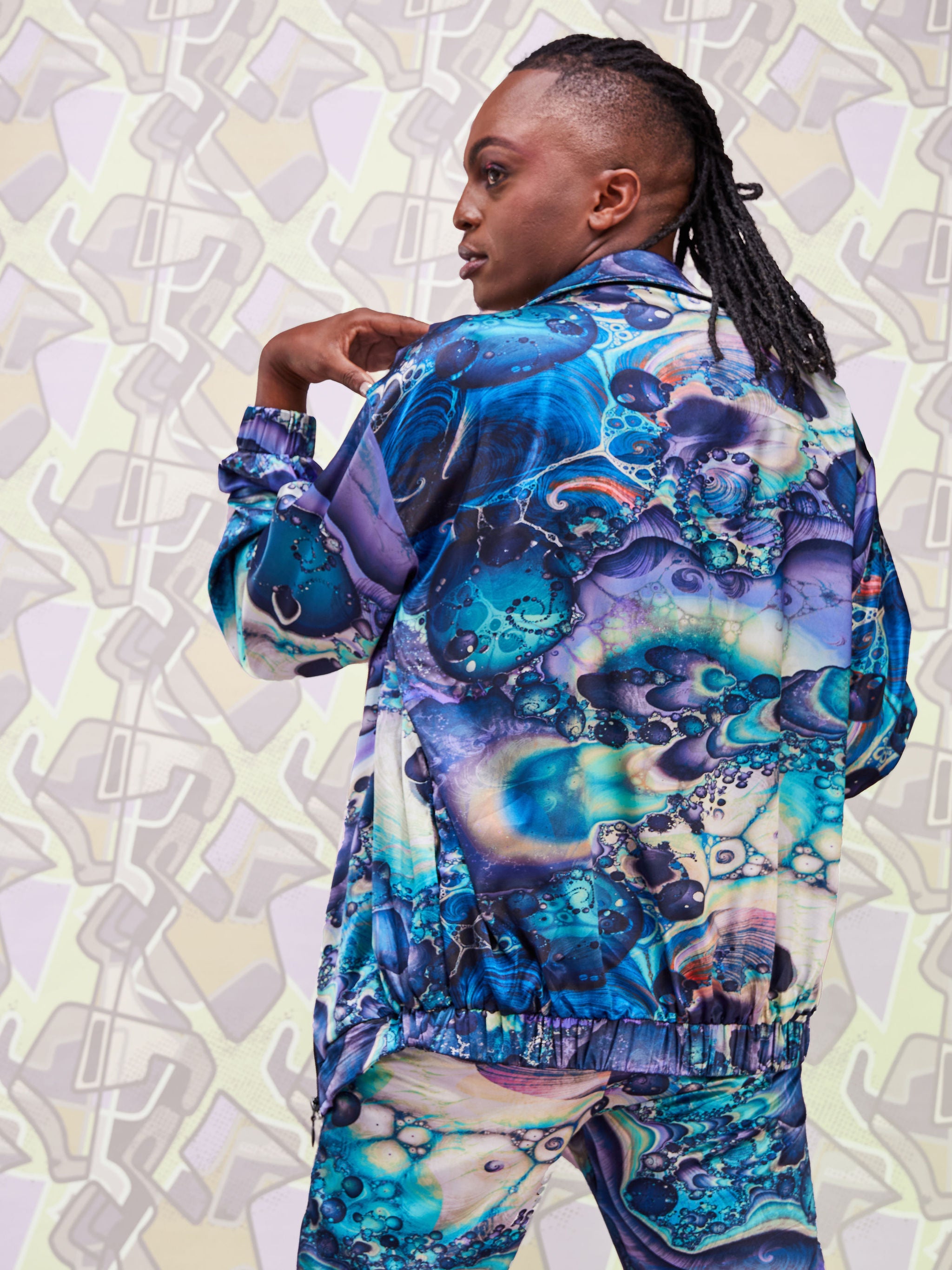 Zoya Brave Satin Bomber Jacket - Purple Abstract Print