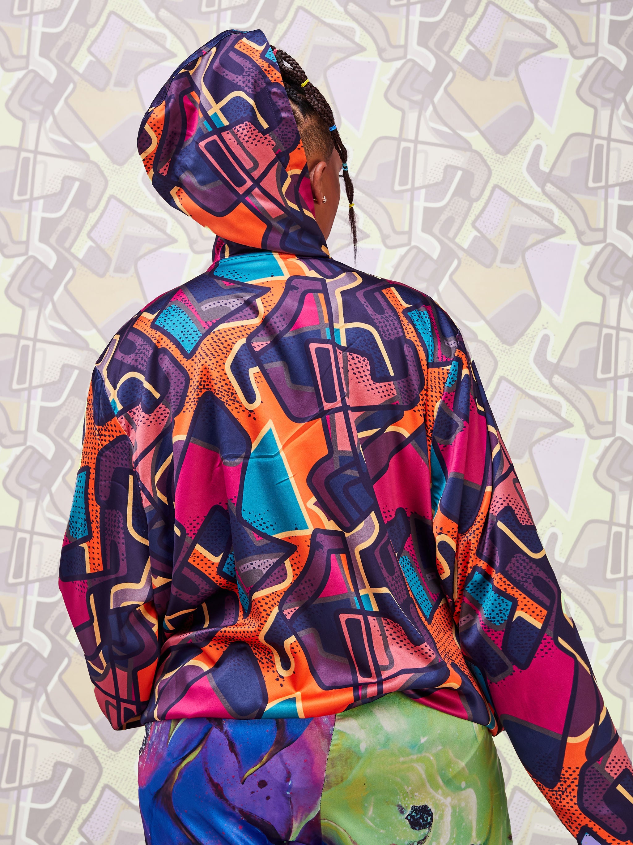 Zoya Brave Satin Hoodie - Purple Abstract Print