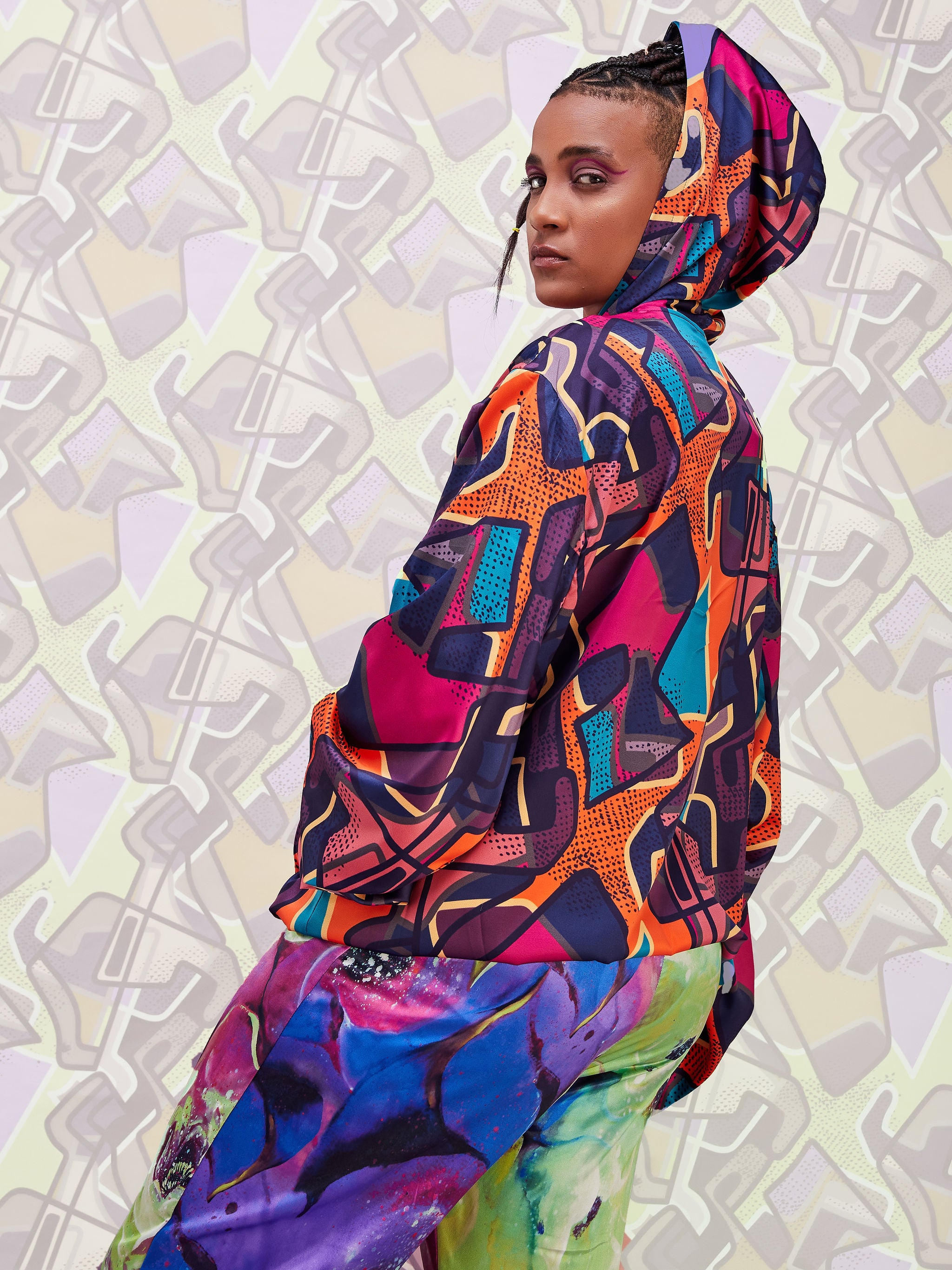 Zoya Brave Satin Hoodie - Purple Abstract Print