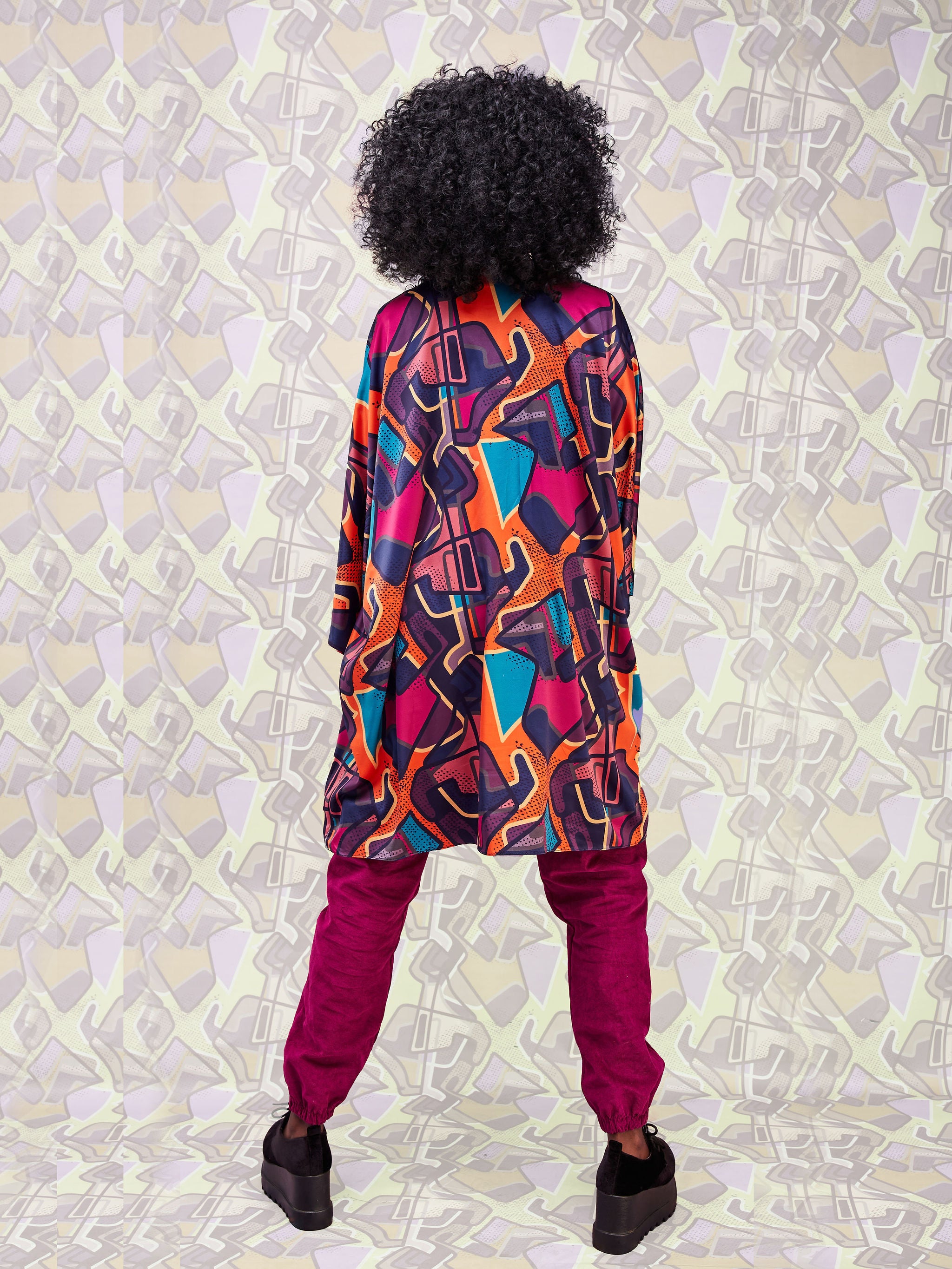 Zoya Brave Satin Loose V-neck Top - Navy Blue / Purple Print