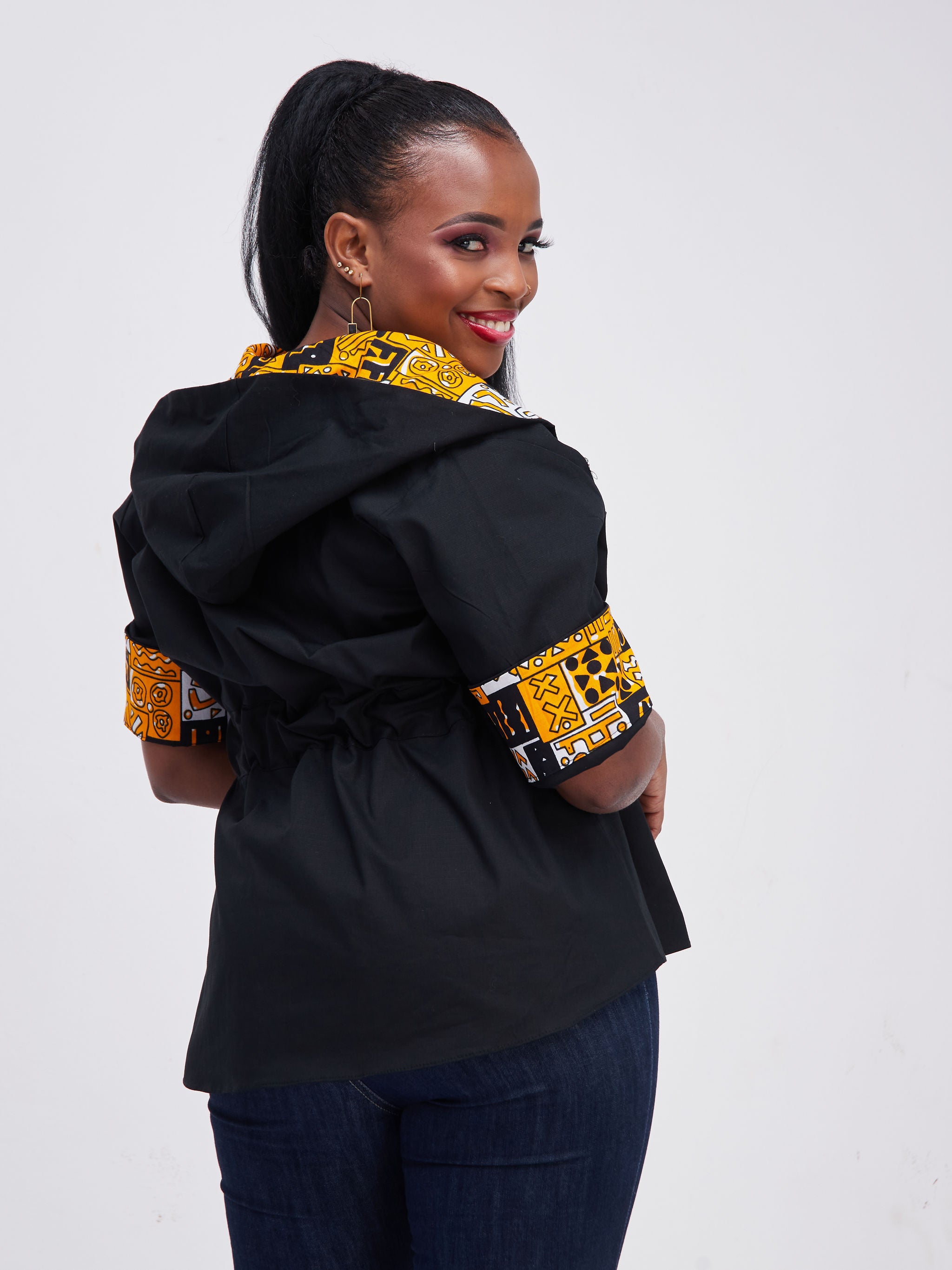 Safari Kaya 3/4 Sleeve Hoodie Peplum Shacket - Black / Mustard Ankara Print