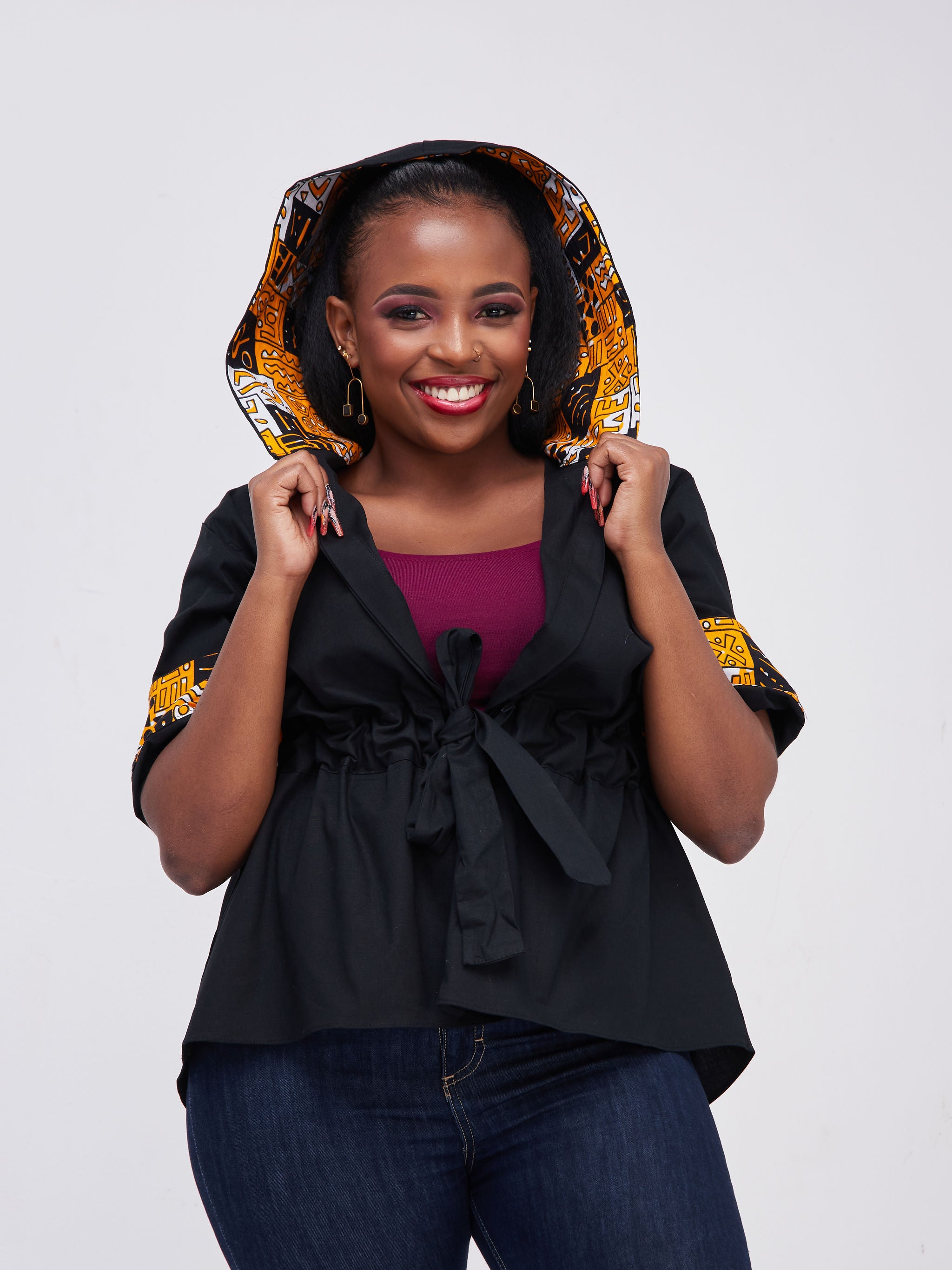 Safari Kaya 3/4 Sleeve Hoodie Peplum Shacket - Black / Mustard Ankara Print