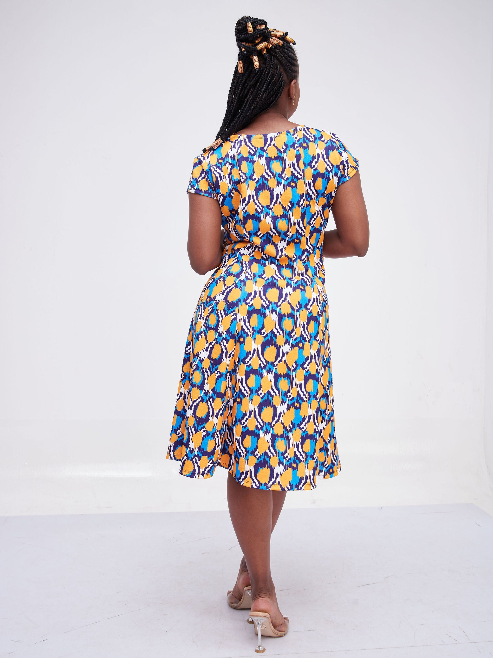 Vivo Hema Cap Sleeve A-Line Dress - Navy Blue / Mustard Print