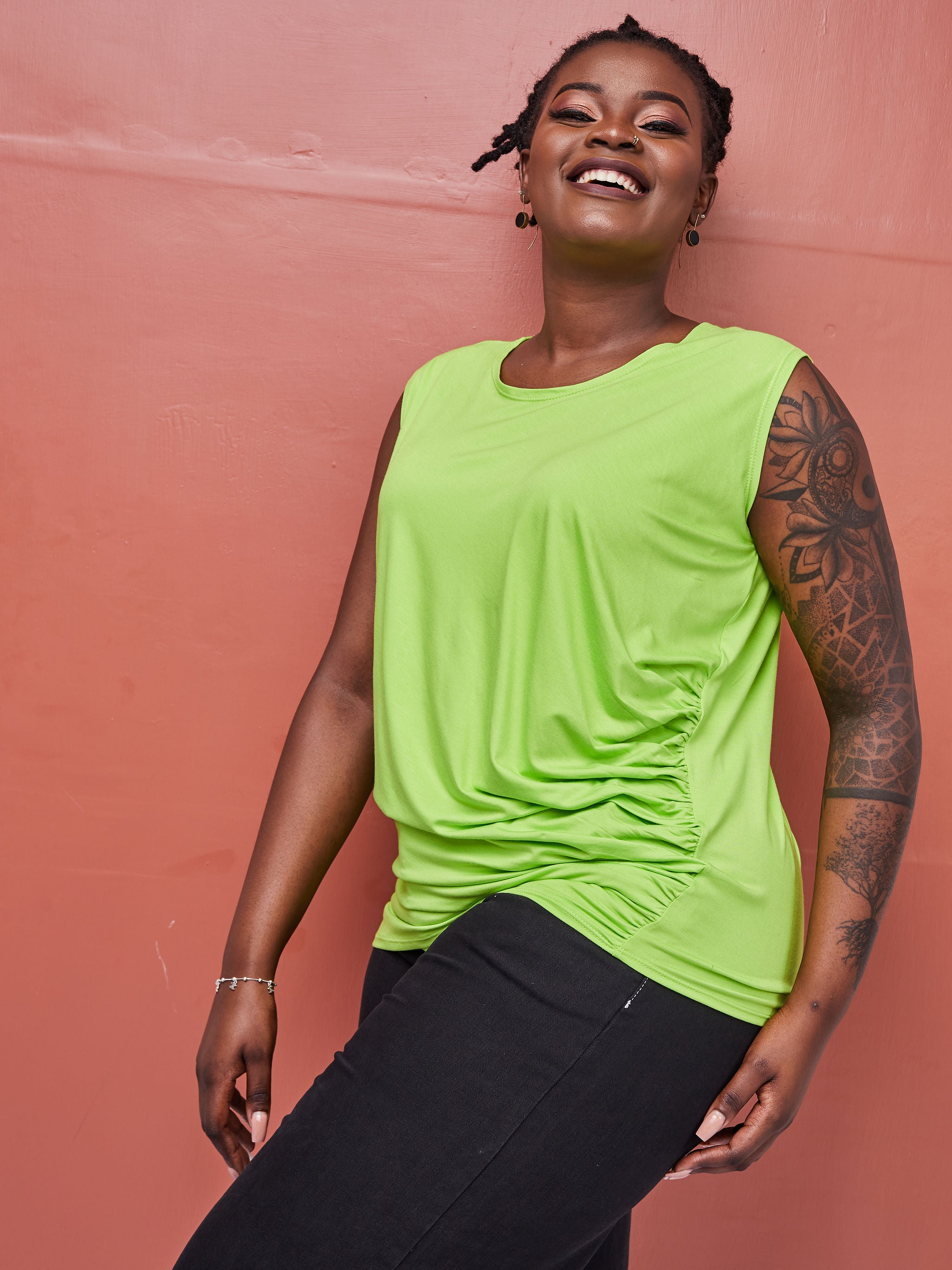 Zoya Brave Asymmetrical Side Drape Top - Lime Green