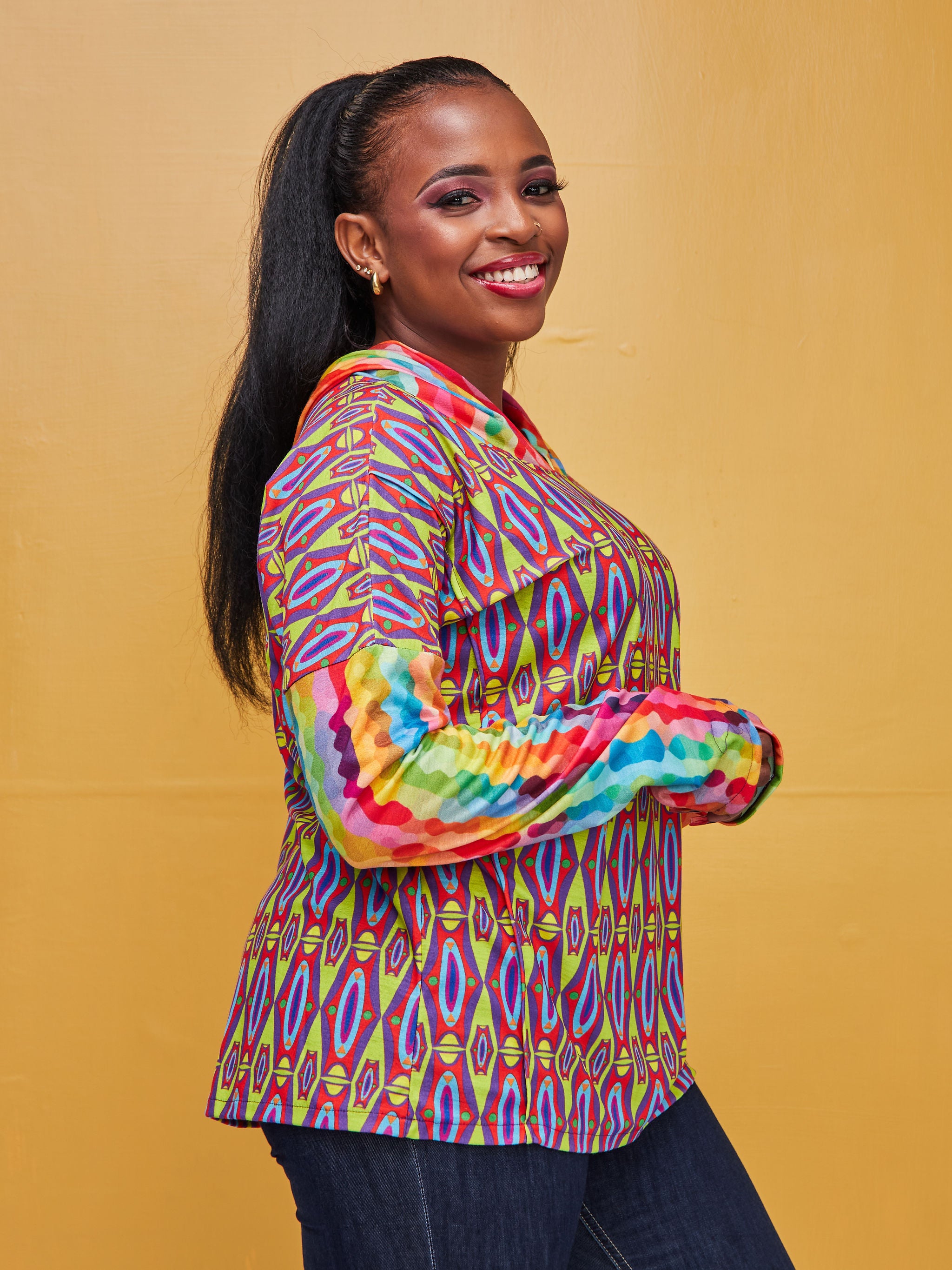 Zoya Brave Hoodie Print Top - Geometric Rainbow Print