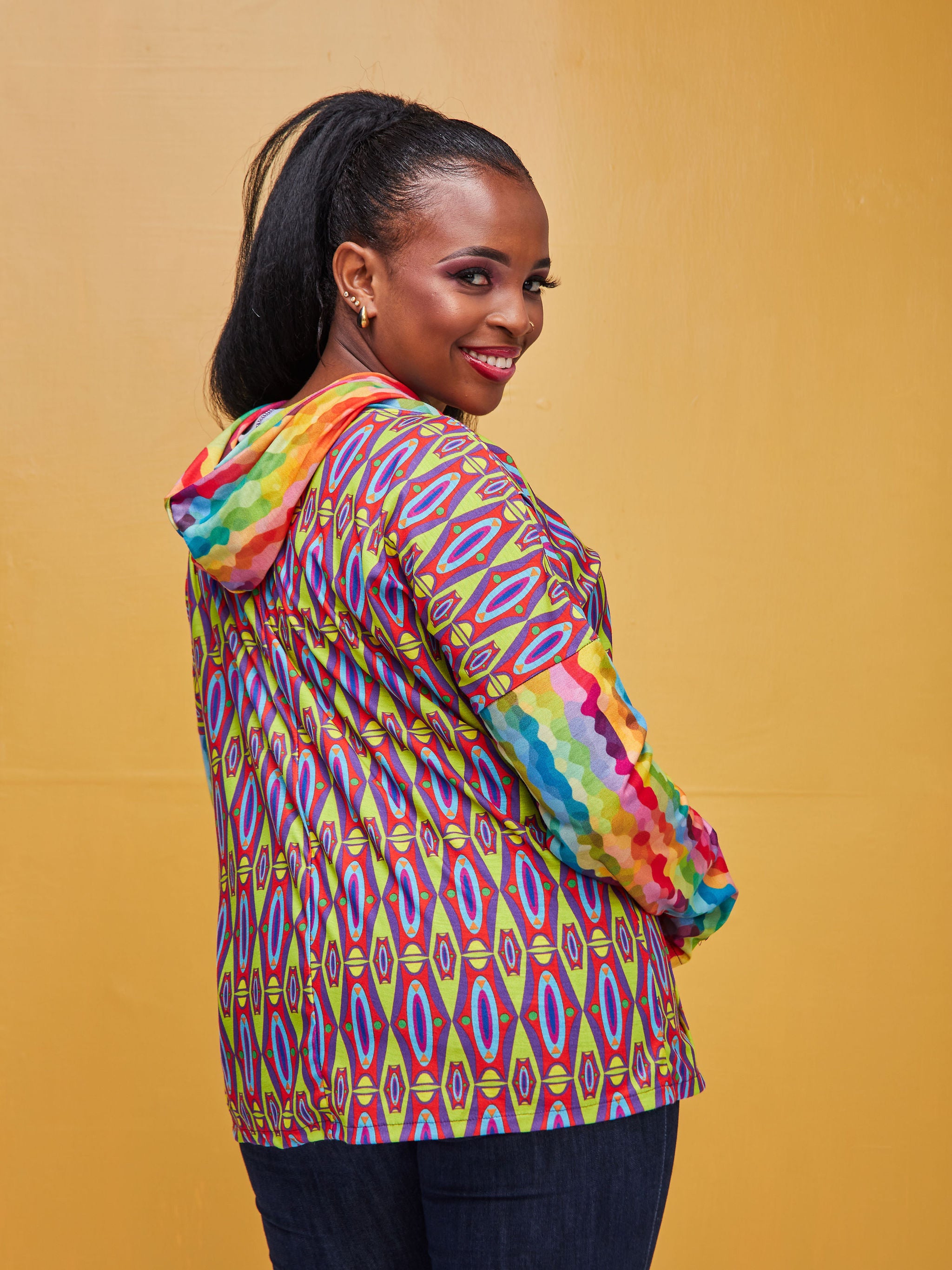 Zoya Brave Hoodie Print Top - Geometric Rainbow Print