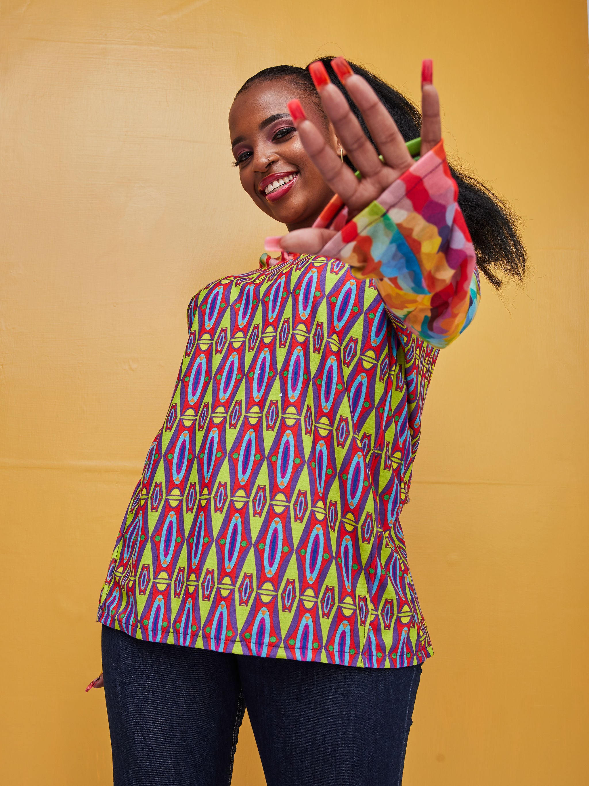 Zoya Brave Hoodie Print Top - Geometric Rainbow Print