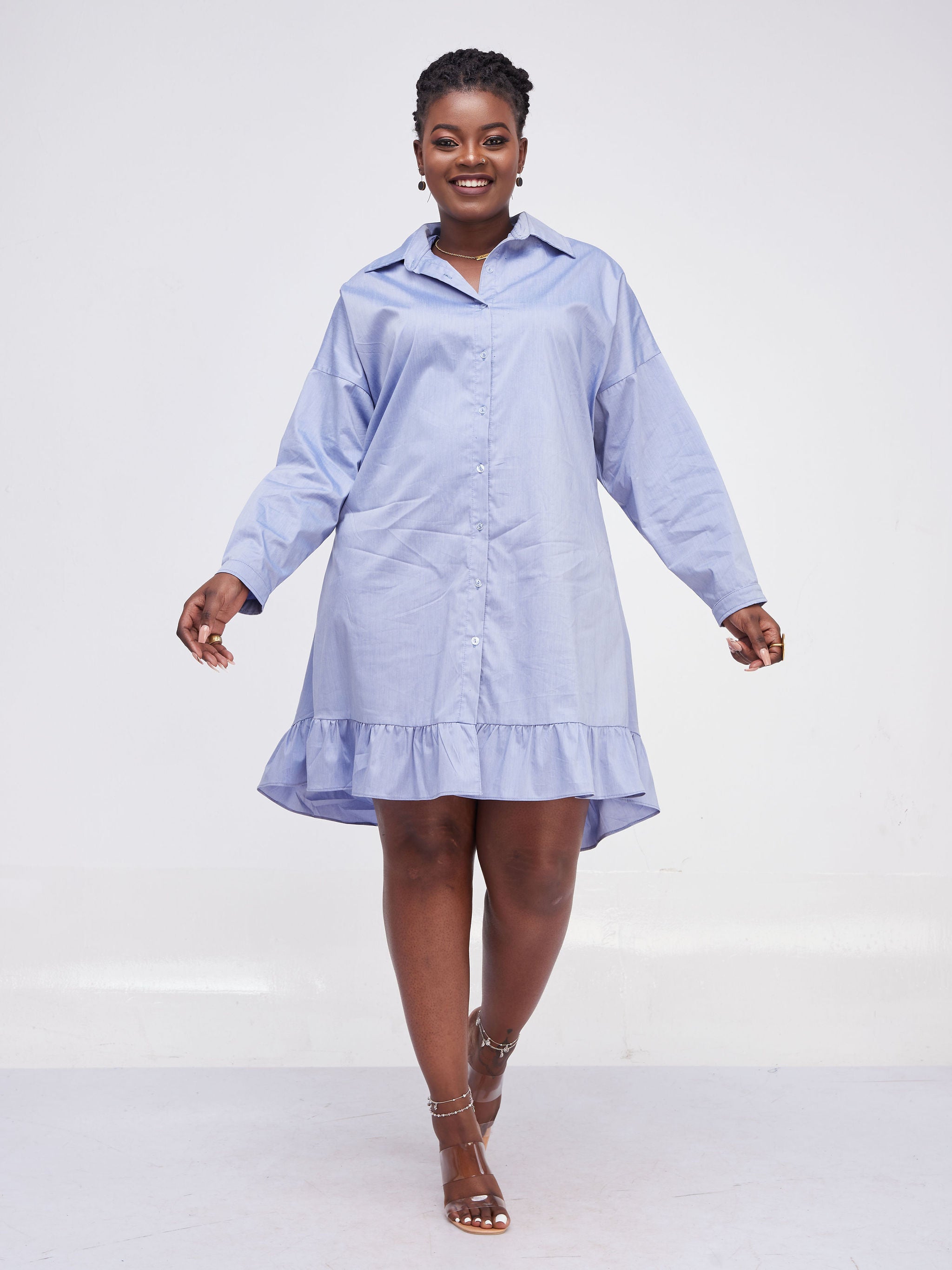 Safari Kaya long Sleeve Dolman Flounce Shirt Dress - Blue