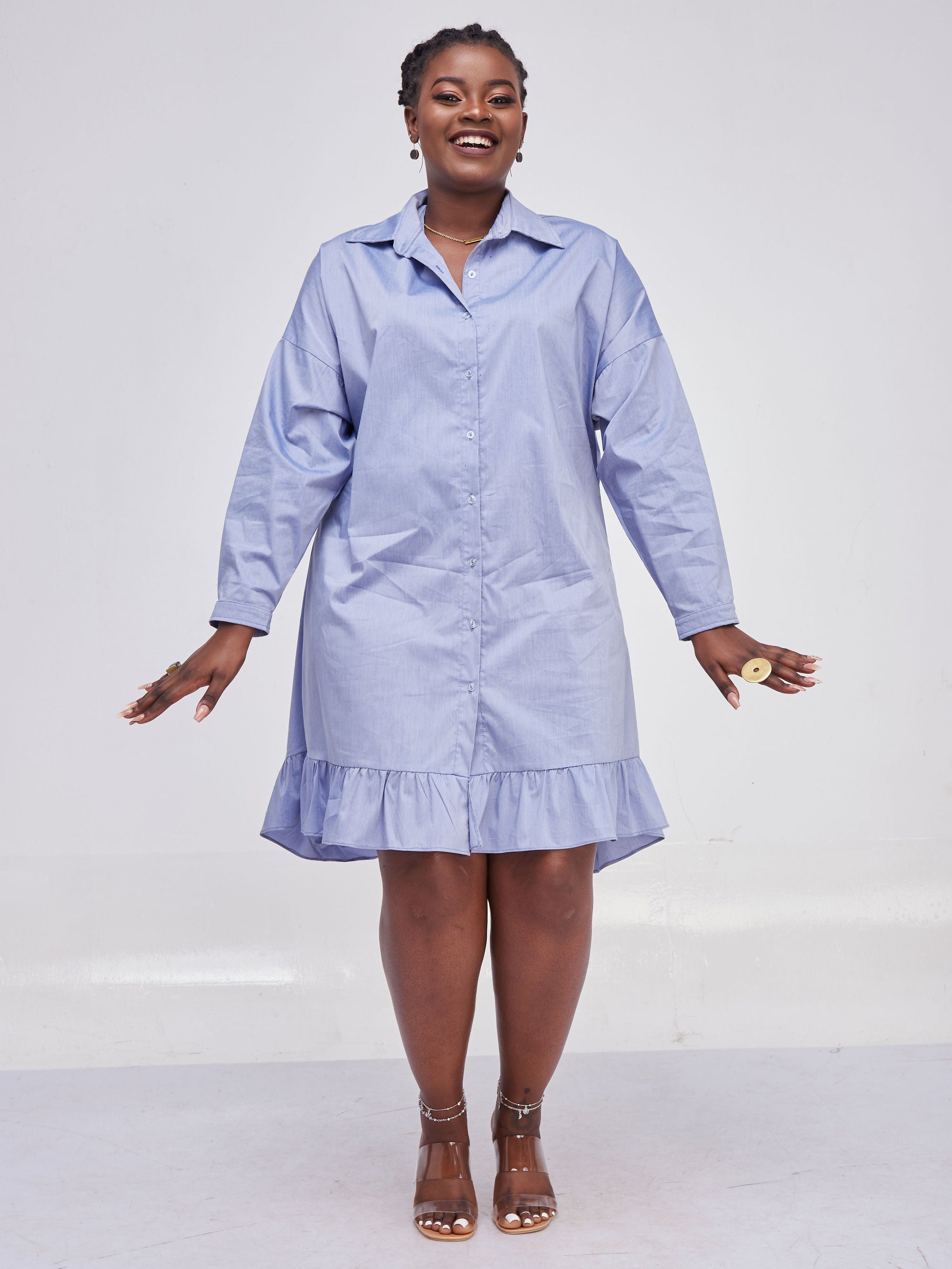 Safari Kaya long Sleeve Dolman Flounce Shirt Dress - Blue