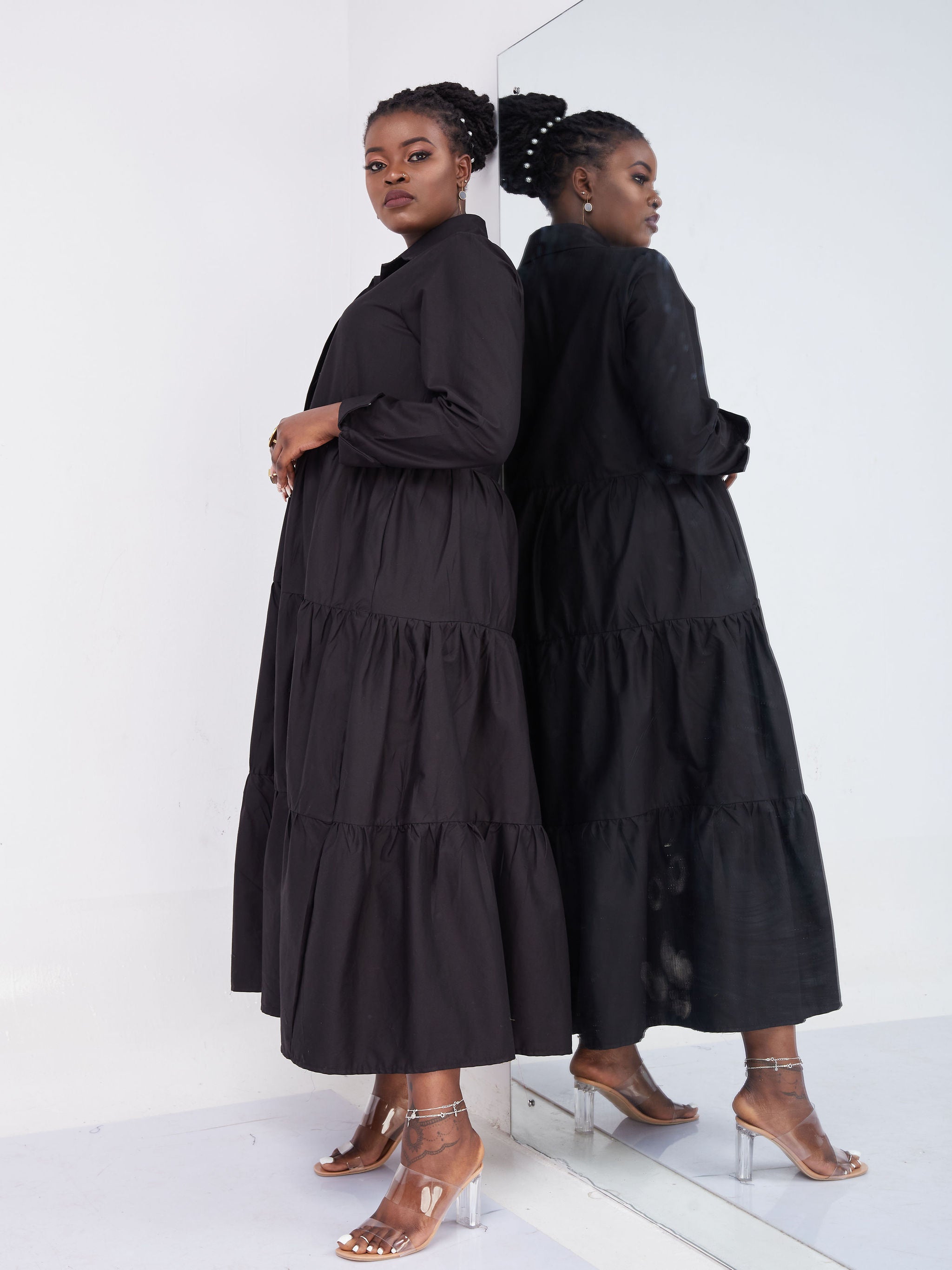 Safari Kaya Long Sleeve 3 Tiered Maxi Dress - Black